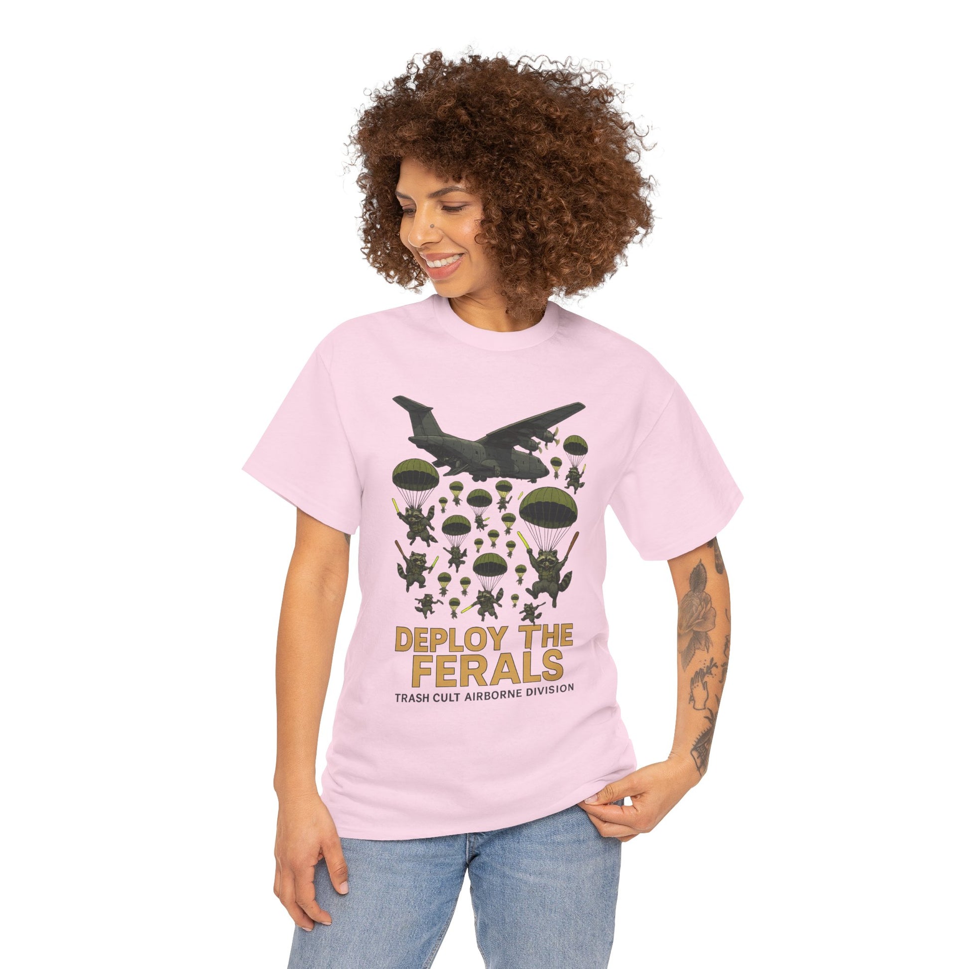 Deploy the Ferals T-Shirt – Airborne Raccoon Drop Graphic | Trash Cult Supply Co. | Gildan 5000 Heavy Cotton Tee