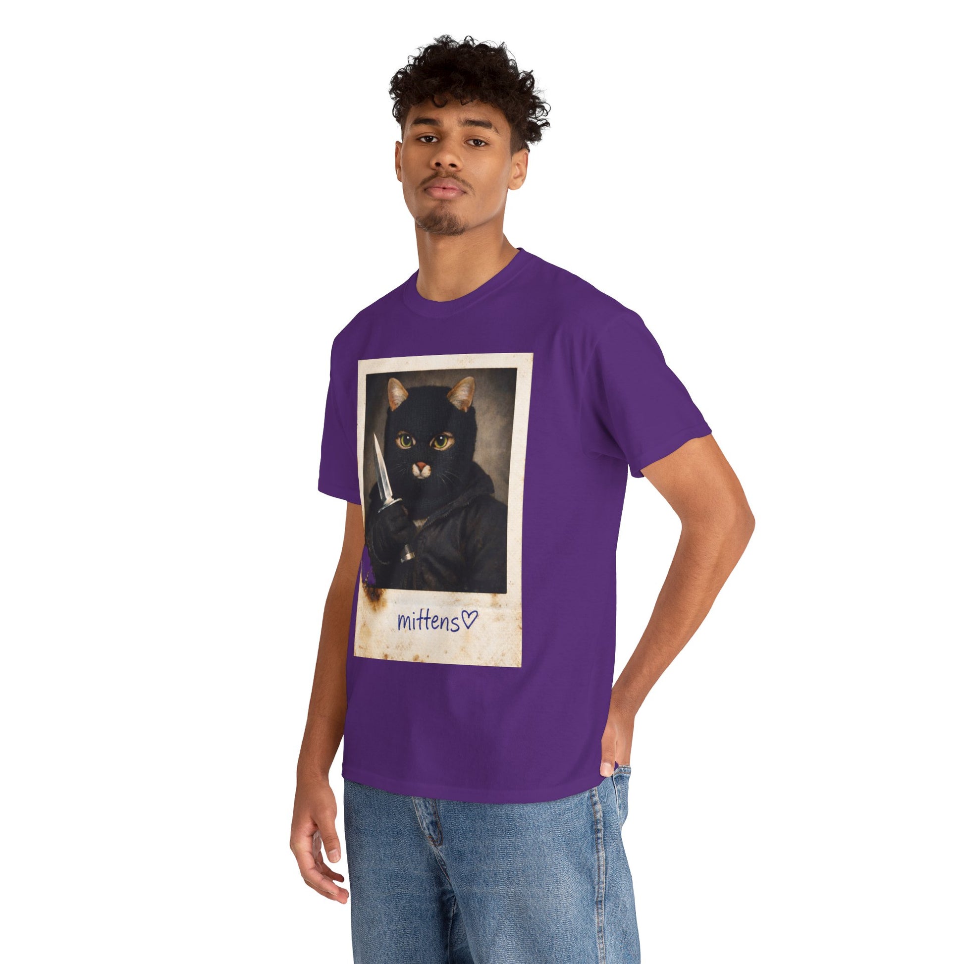 Cat With Knife Tee — "Mittens" Dark Humor Vintage Polaroid Graphic T-Shirt
