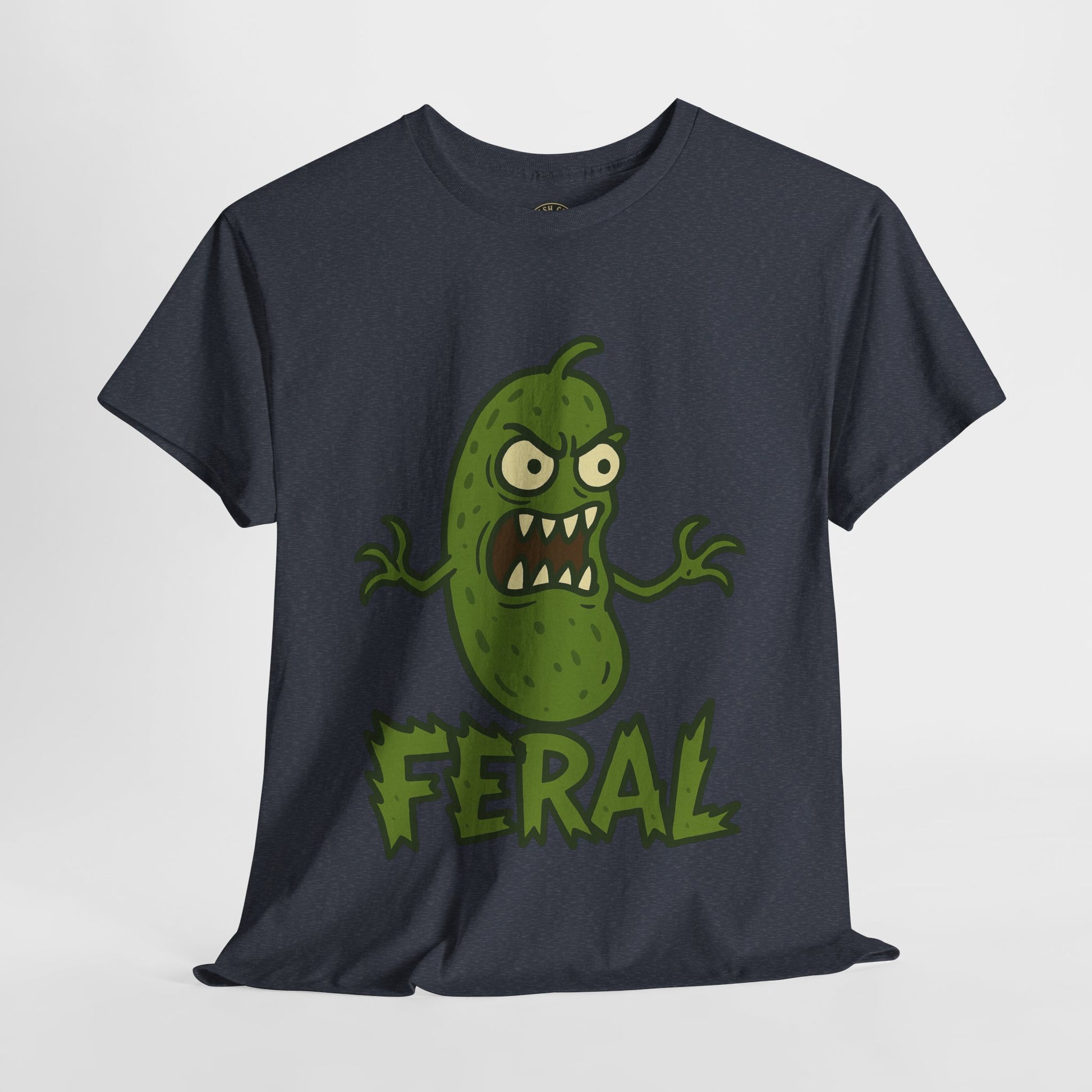 Feral Pickle Cartoon Tee – Trashcore Angry Pickle Shirt – Gildan 5000 Unisex Heavy Cotton