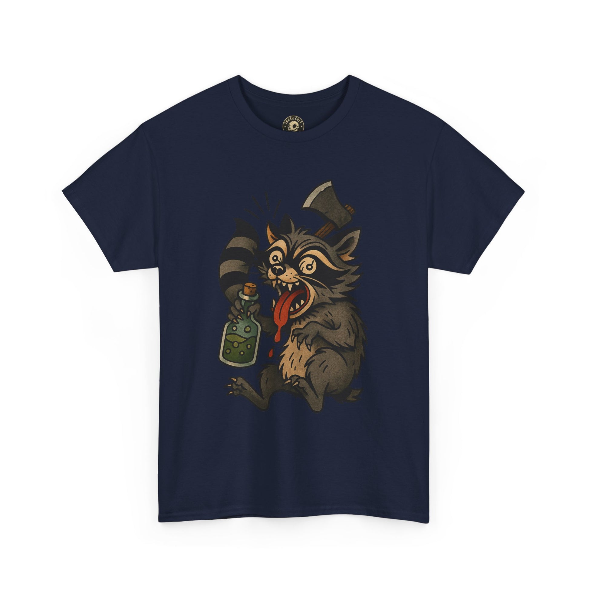 Unhinged Raccoon Shirt – Chaos Gremlin with Axe & Potion | Tattoo Style Tee