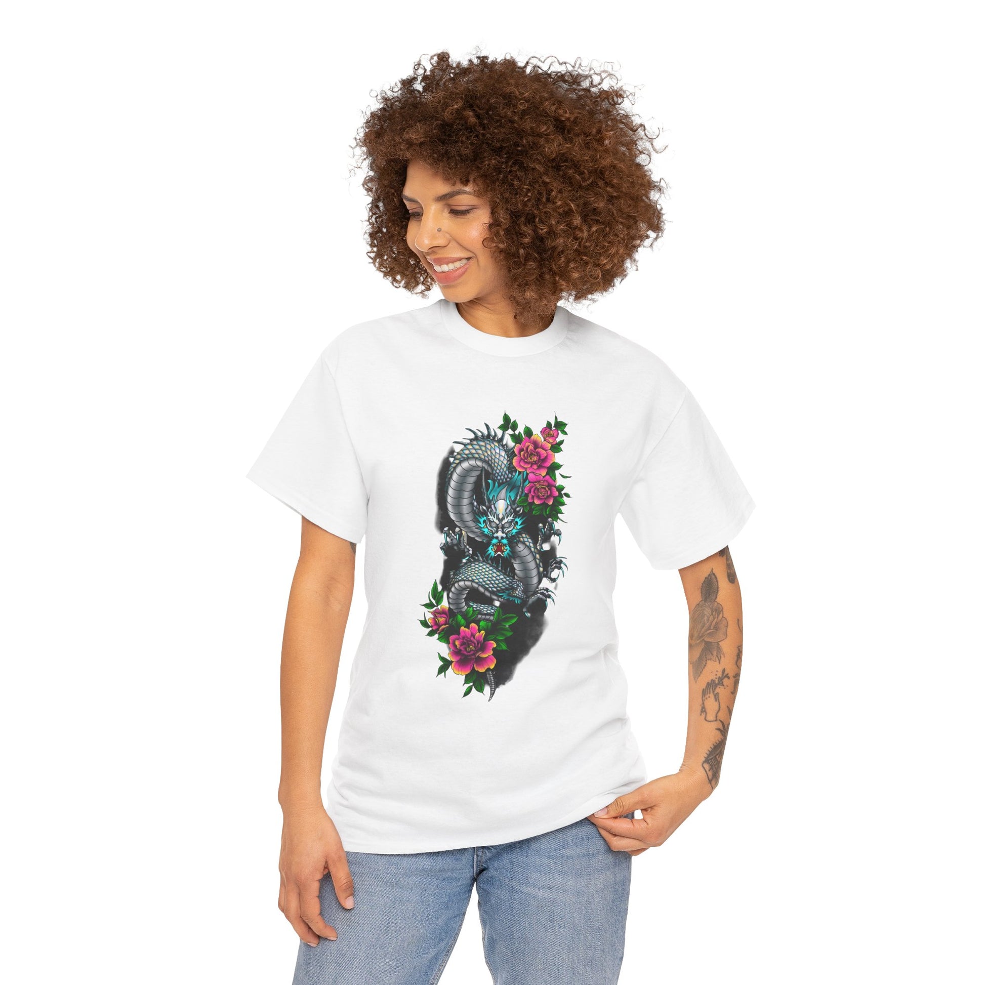 Mythic Dragon & Peonies Tattoo T-Shirt – Lara Davenport x Trash Cult Supply Co. Collab (Gildan 5000)