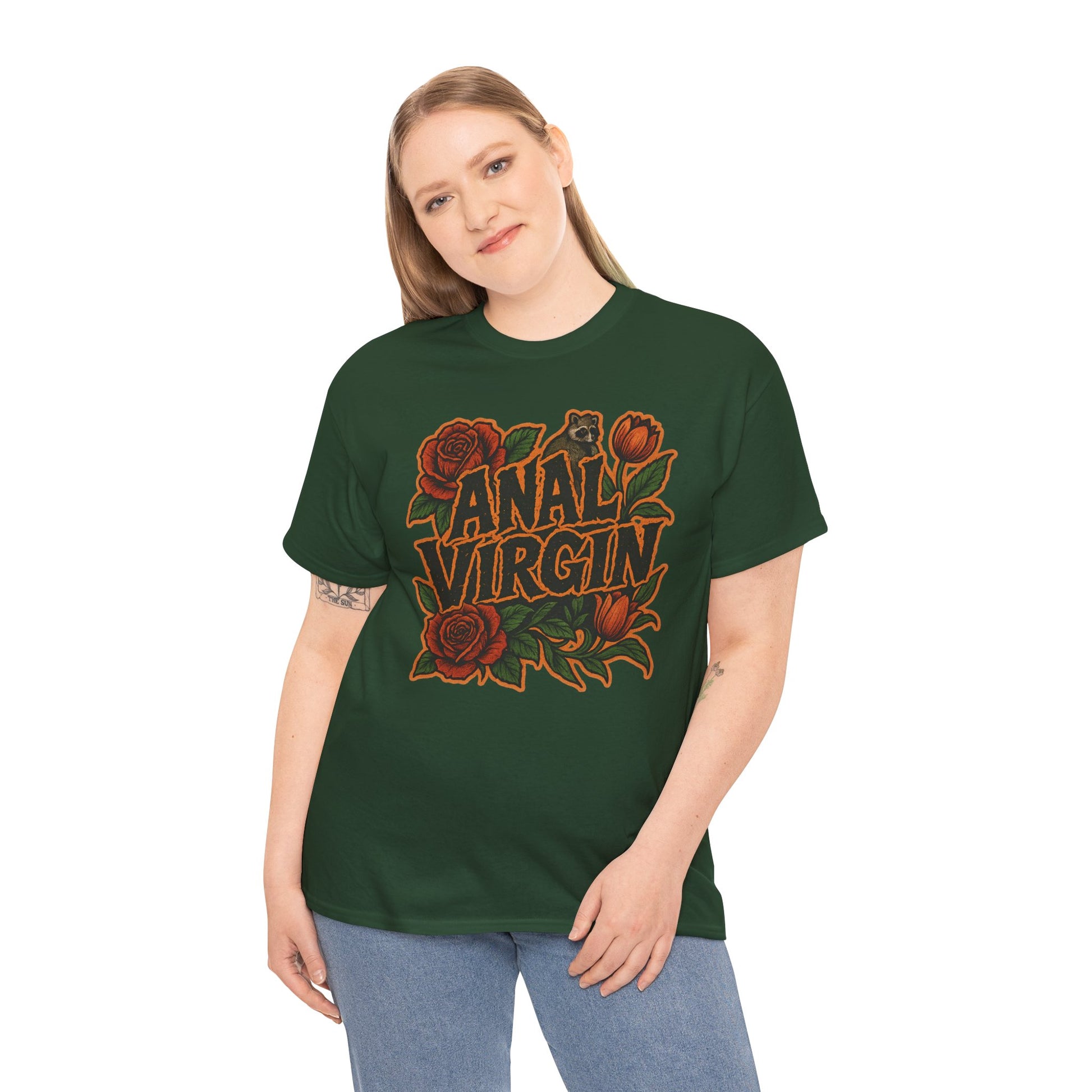 Anal Virgin Bold Floral Trashcore Tee – Funny Raccoon Shirt – Gildan 5000