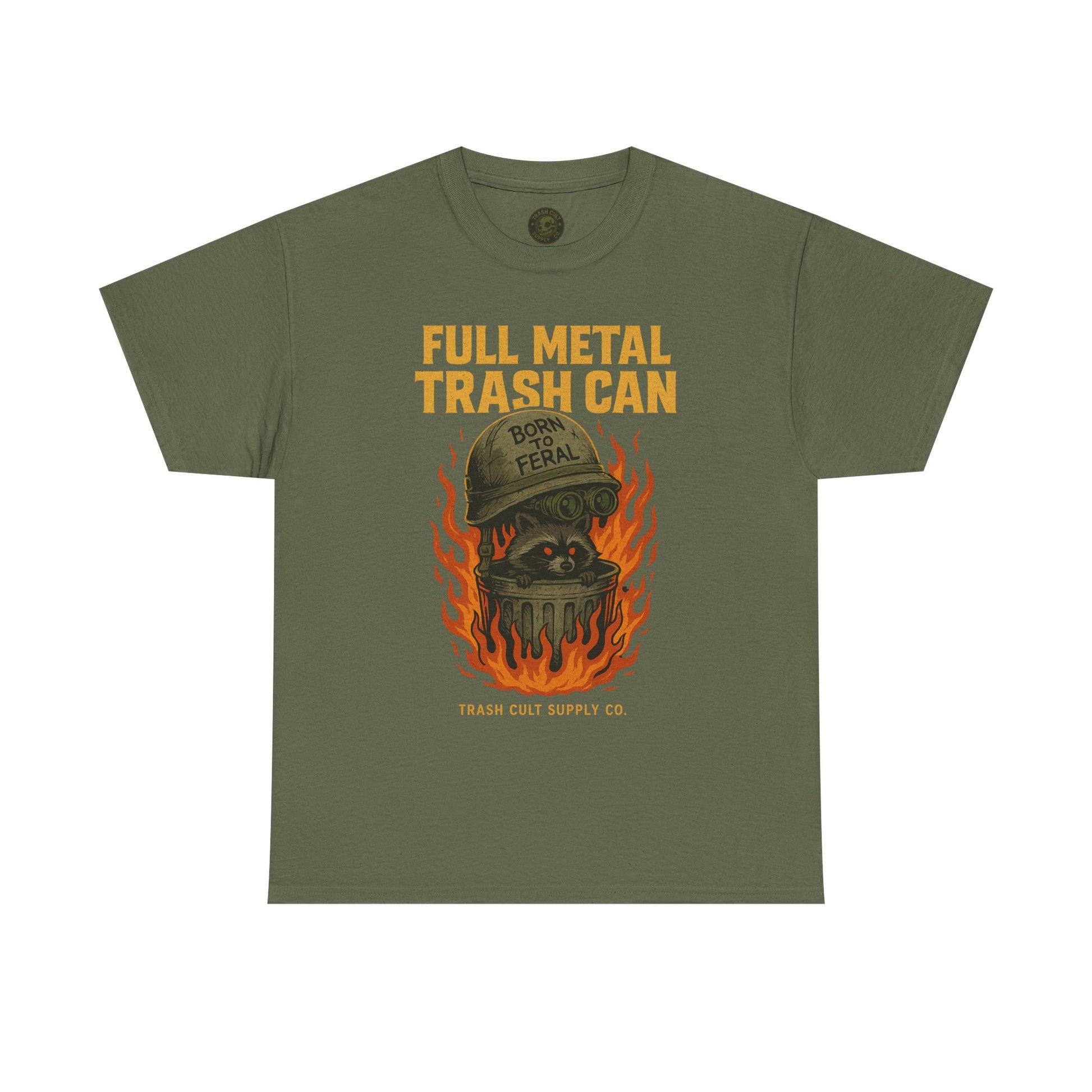 Full Metal Trash Can T-Shirt – Born to Feral Raccoon Graphic | Trash Cult Supply Co. | Gildan 5000 Tee