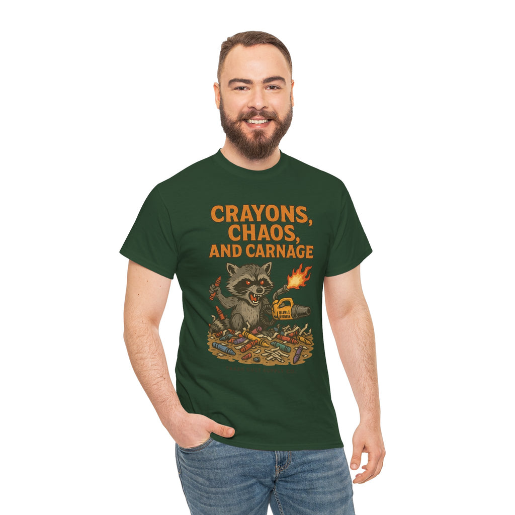 Crayons, Chaos, and Carnage T-Shirt – Dark Humor Raccoon Graphic | Trash Cult Supply Co. | Gildan 5000 Tee