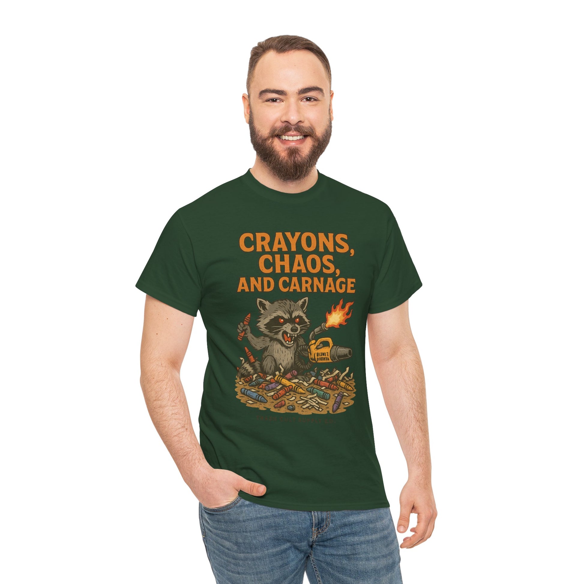 Crayons, Chaos, and Carnage T-Shirt – Dark Humor Raccoon Graphic | Trash Cult Supply Co. | Gildan 5000 Tee