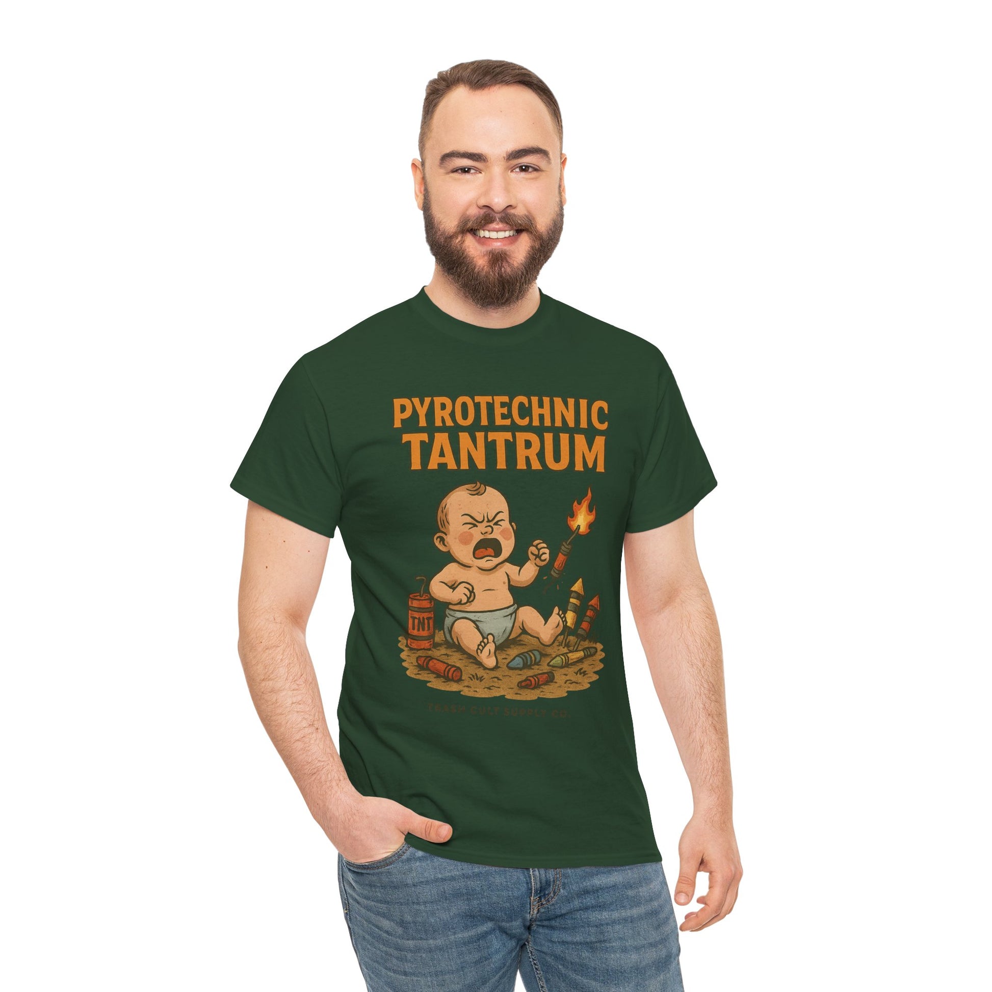 Pyrotechnic Tantrum T-Shirt – Explosive Baby Humor Graphic | Trash Cult Supply Co. | Gildan 5000 Tee