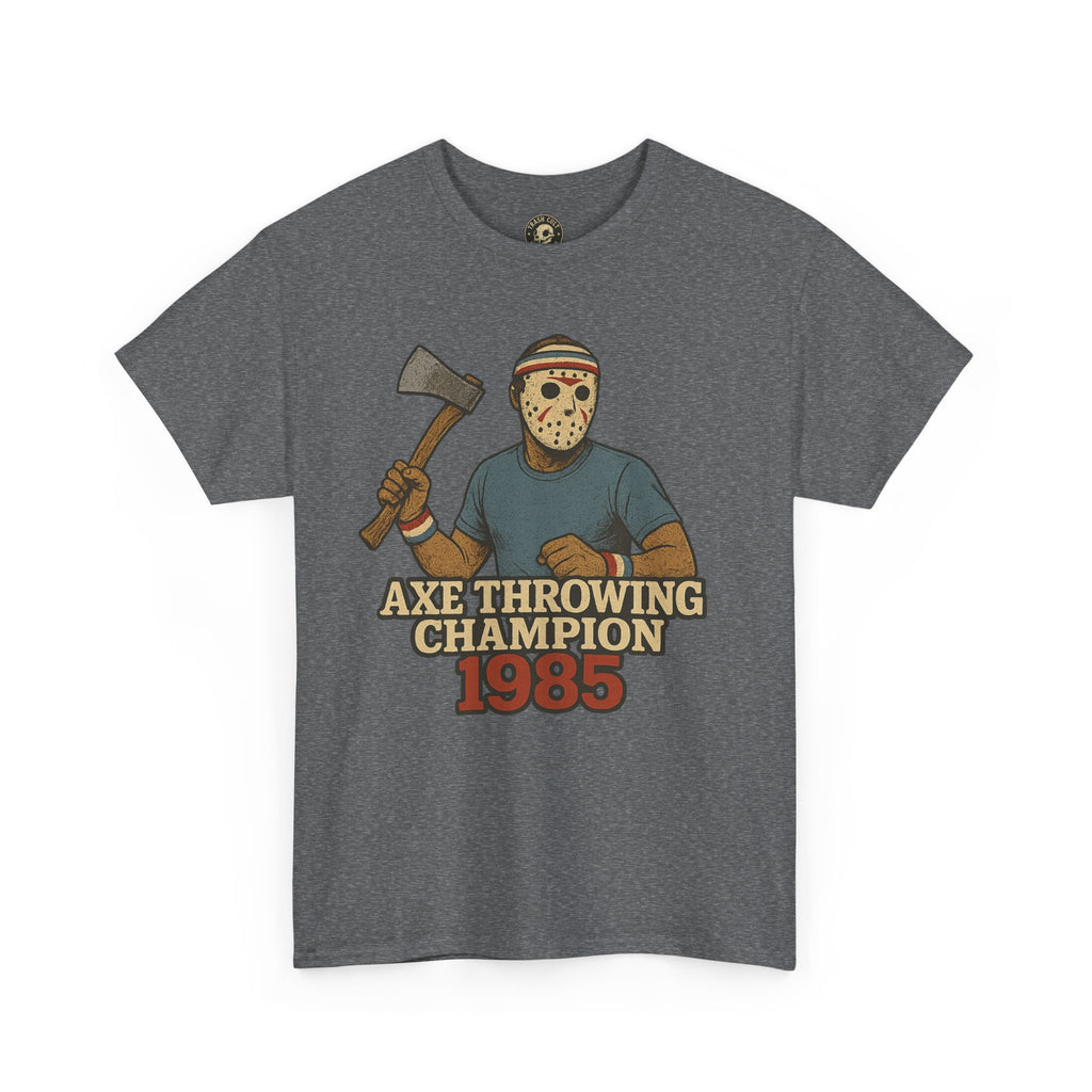 Jason Voorhees Axe Throwing Champion 1985 T-Shirt – Retro Slasher Workout Parody | Gildan 5000 Tee