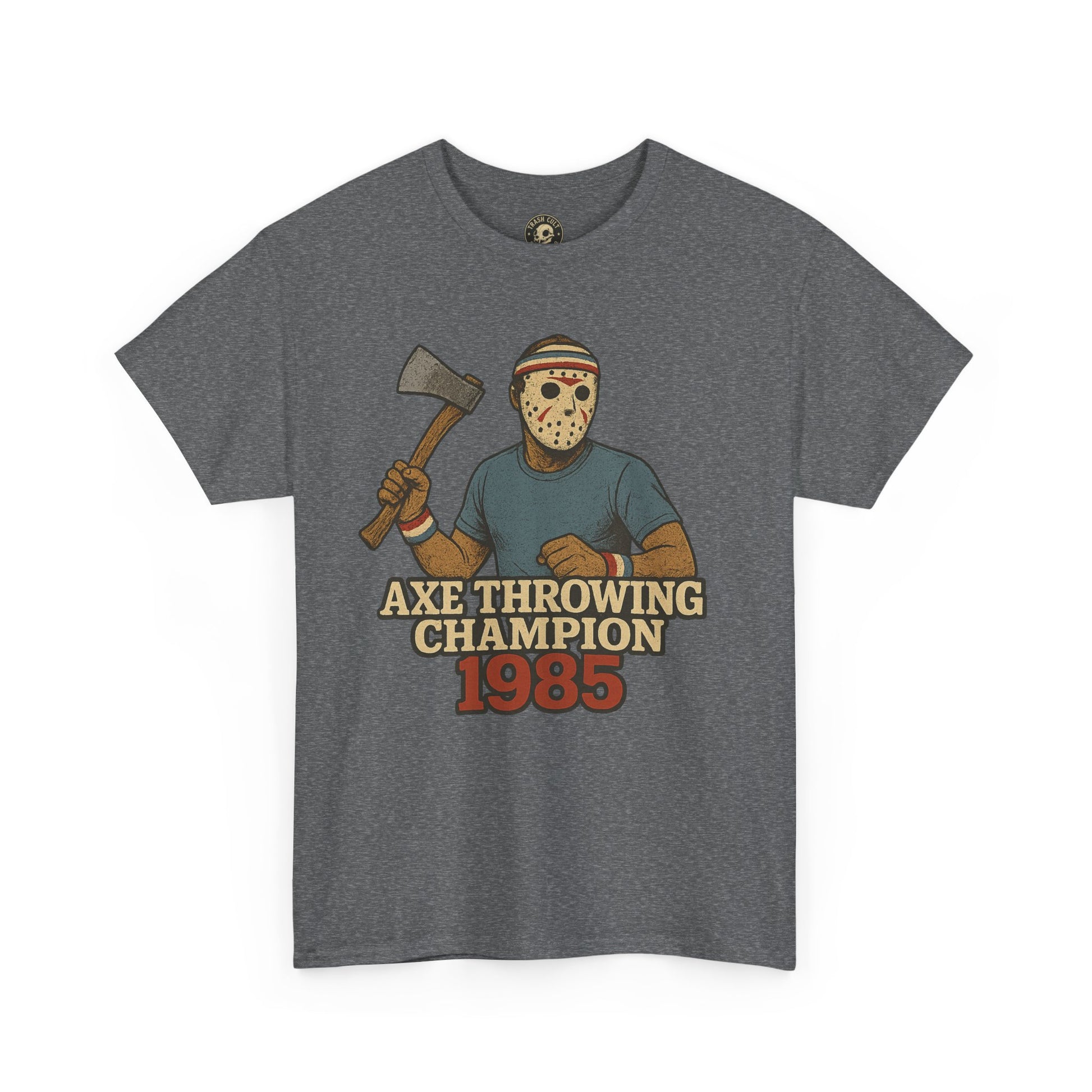 Jason Voorhees Axe Throwing Champion 1985 T-Shirt – Retro Slasher Workout Parody | Gildan 5000 Tee