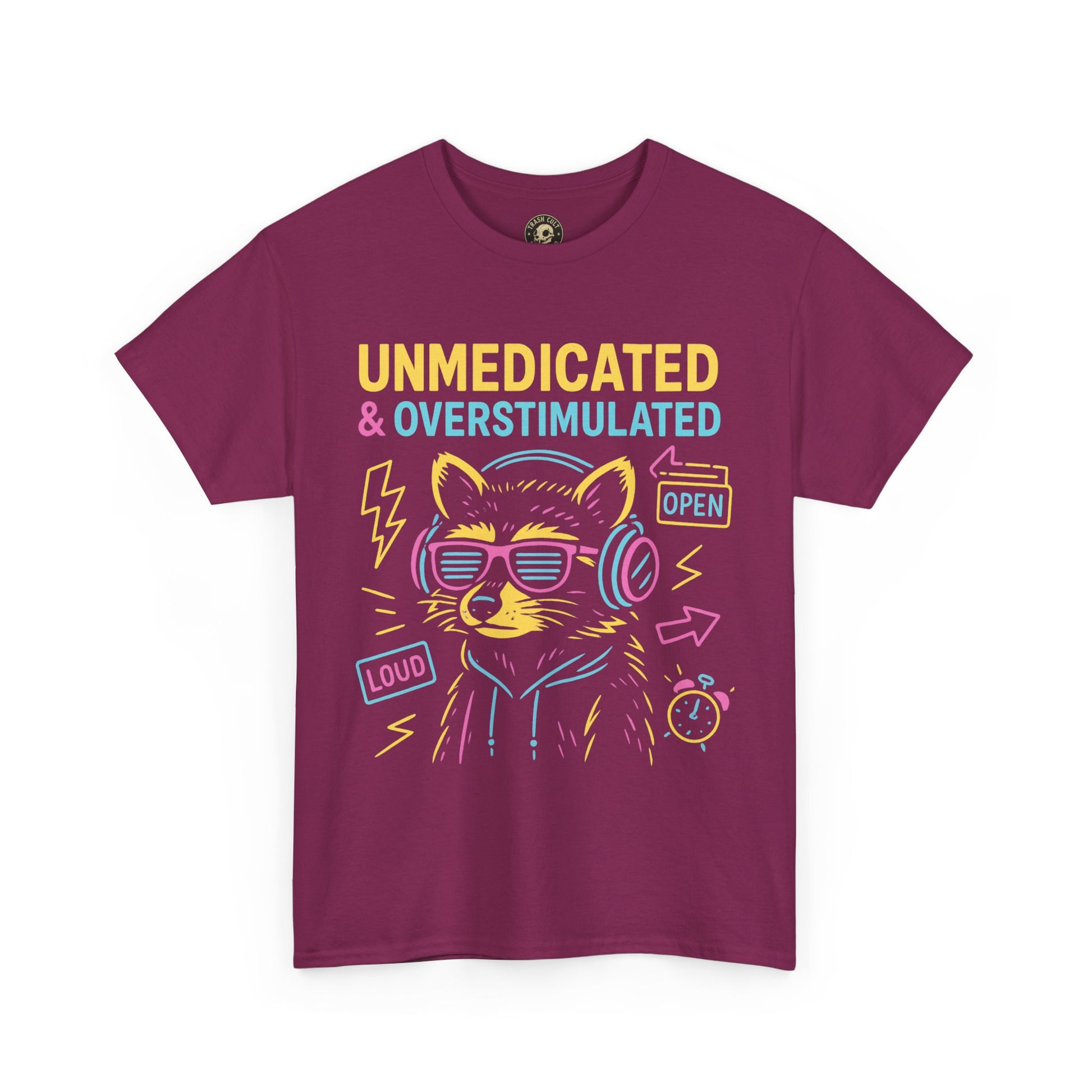 Unmedicated & Overstimulated Neon Raccoon ADHD Shirt – Trash Cult Supply Co. – Gildan 5000
