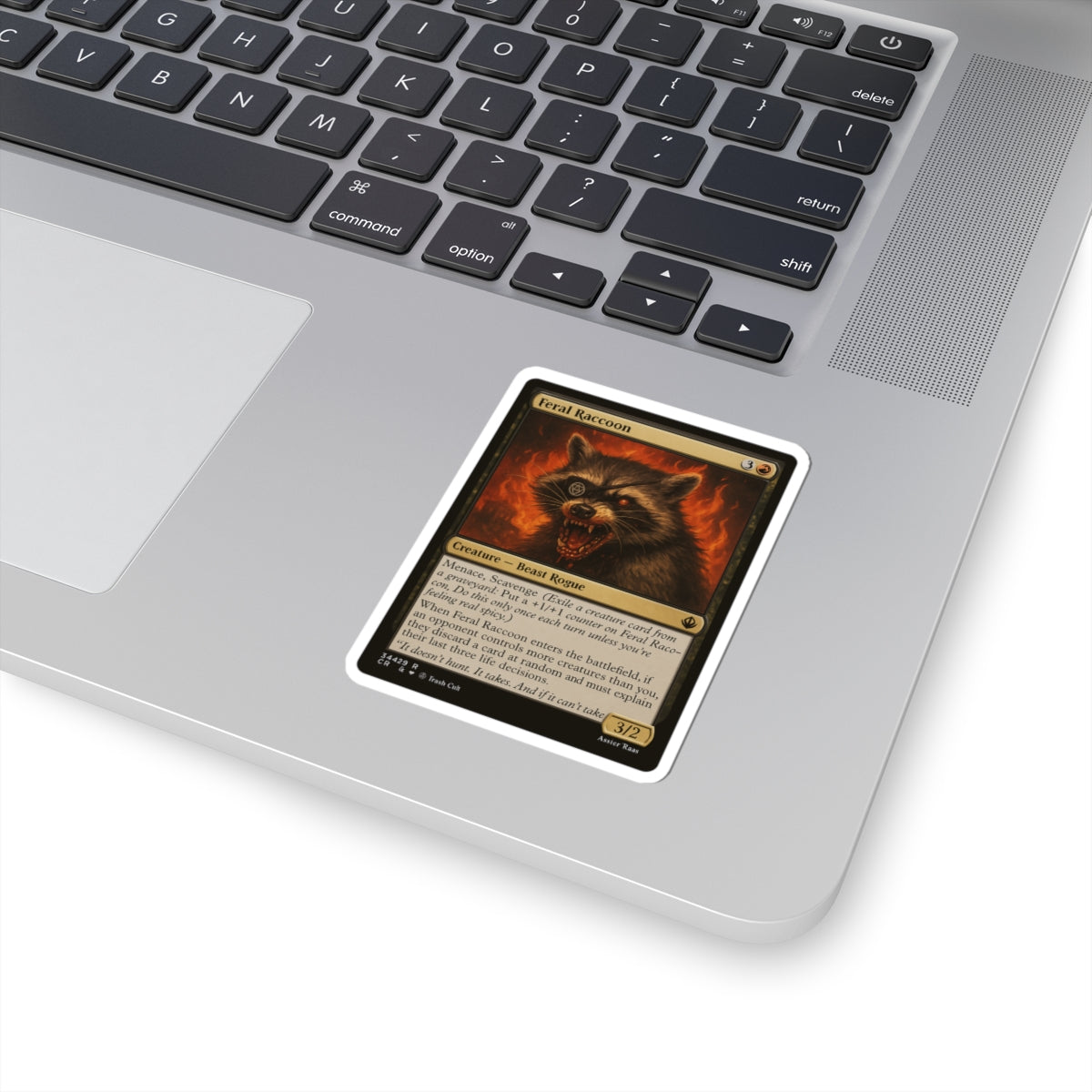 Feral Raccoon Magic Card Sticker – Funny MTG-Inspired Kiss Cut Sticker, Trash Cult Creature Card, Chaotic Beast Rogue