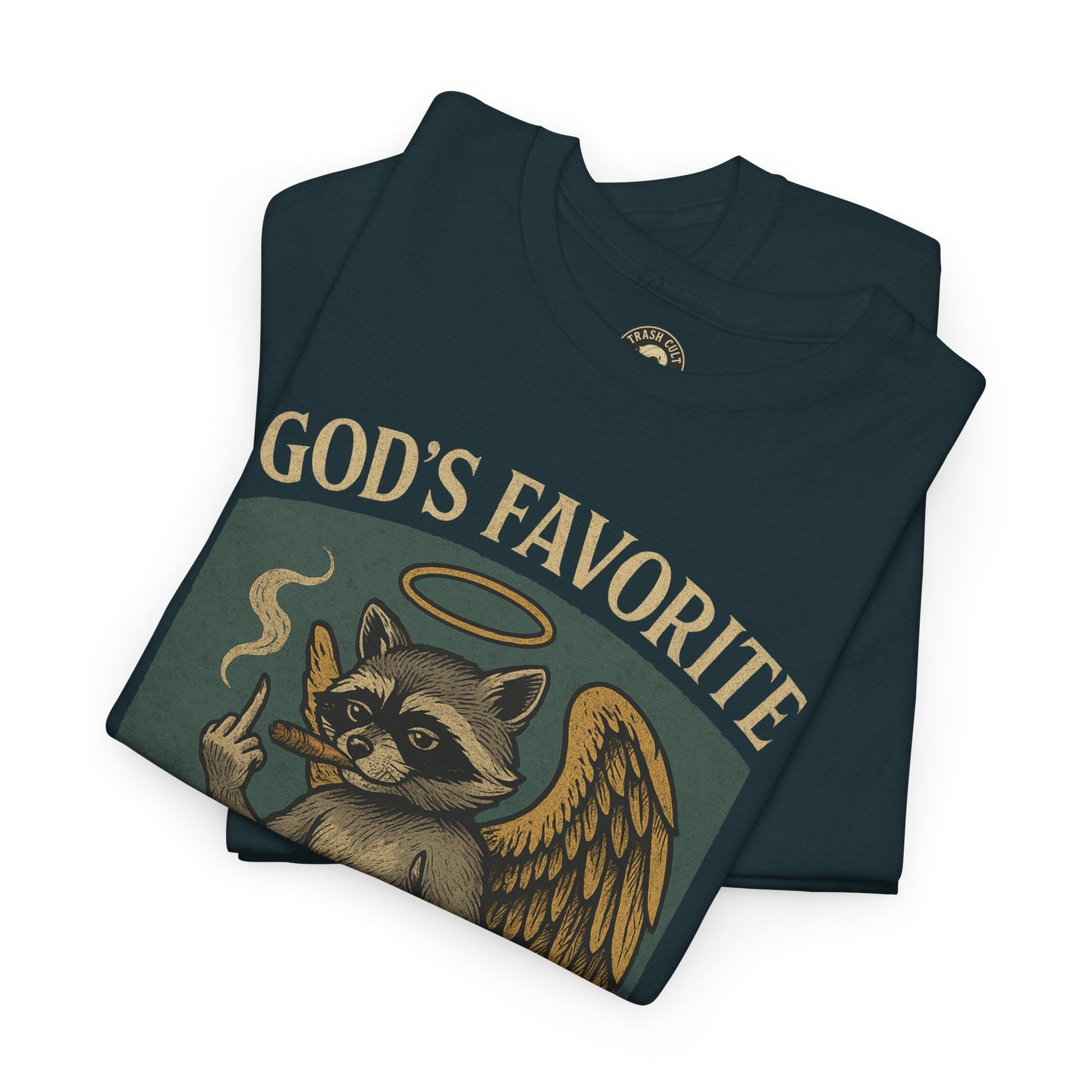 God’s Favorite Mistake Shirt – Raccoon Angel Flipping the Bird by Trash Cult Supply Co.