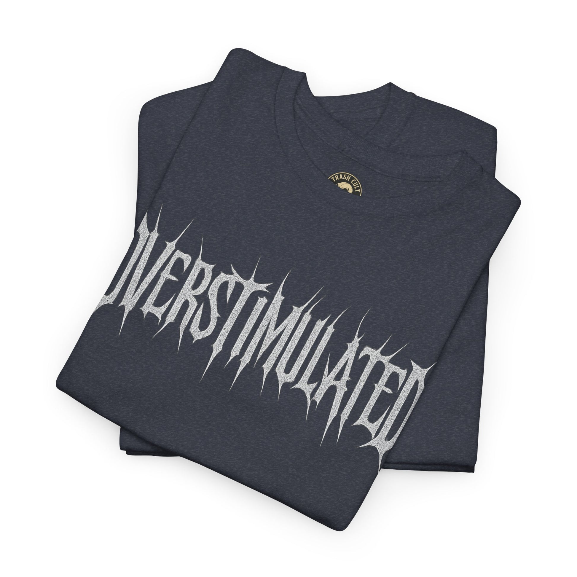 OVERSTIMULATED Metalcore Grunge Shirt – White on Black Distressed Font Tee