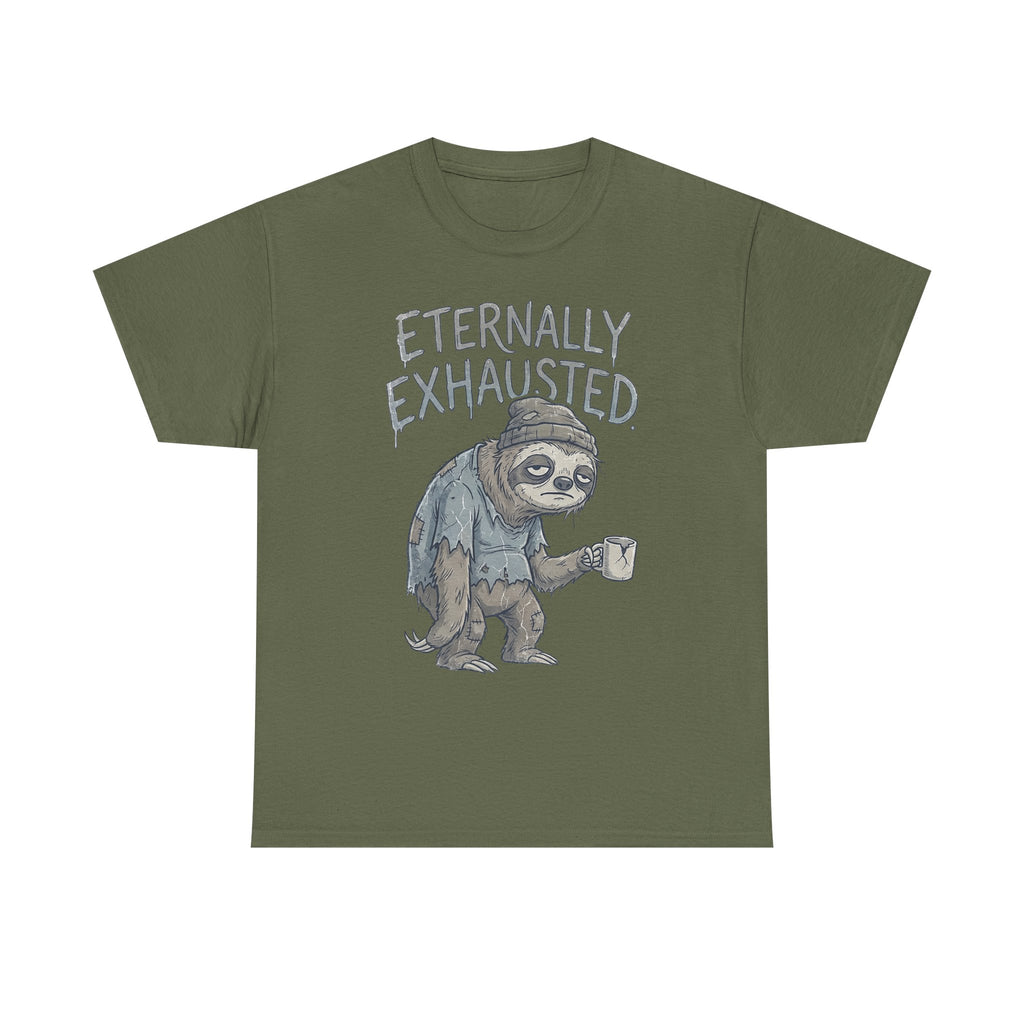 T-Shirt — 'Eternally Exhausted' Sloth Graphic Tee (Funny Coffee Lover Gift)