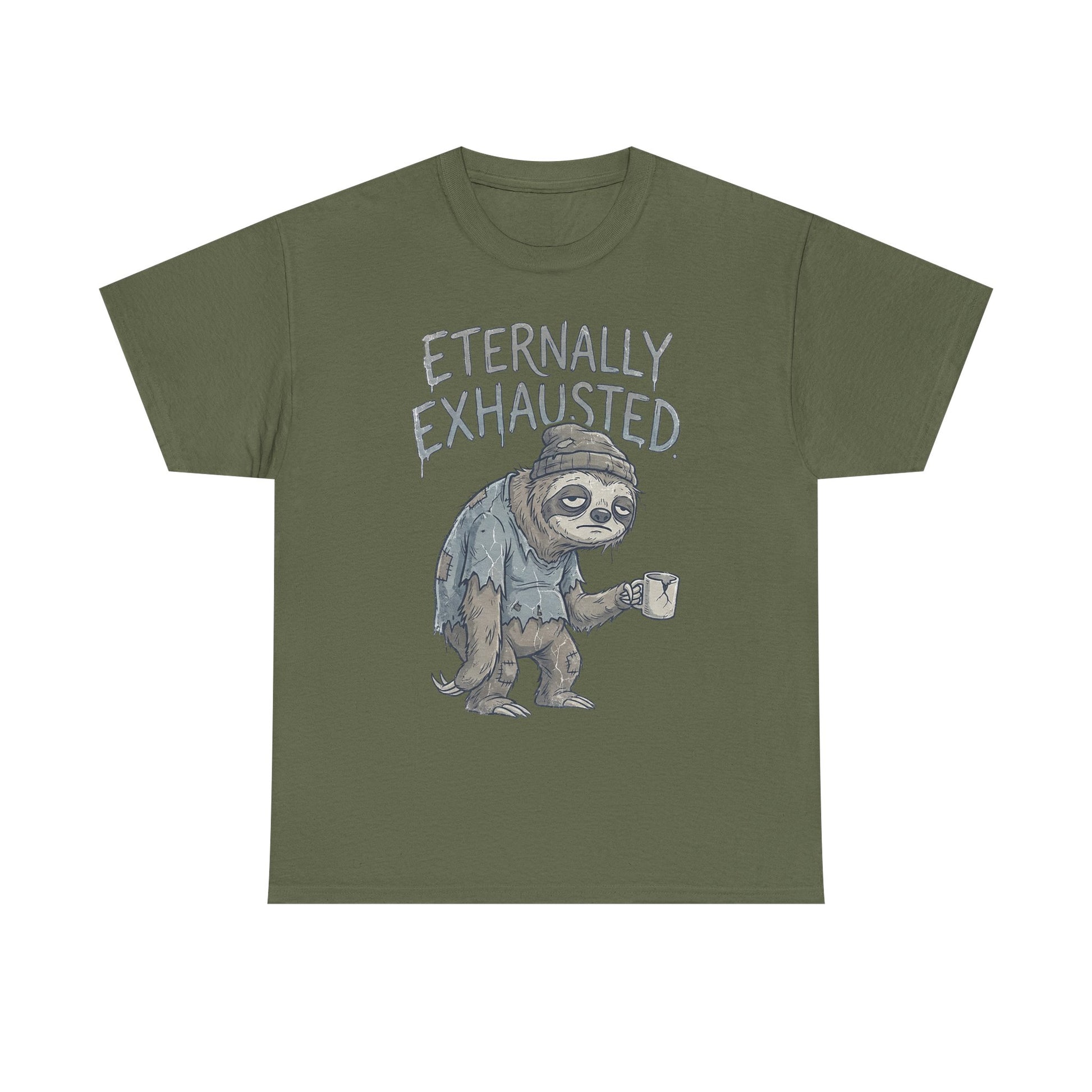 T-Shirt — 'Eternally Exhausted' Sloth Graphic Tee (Funny Coffee Lover Gift)