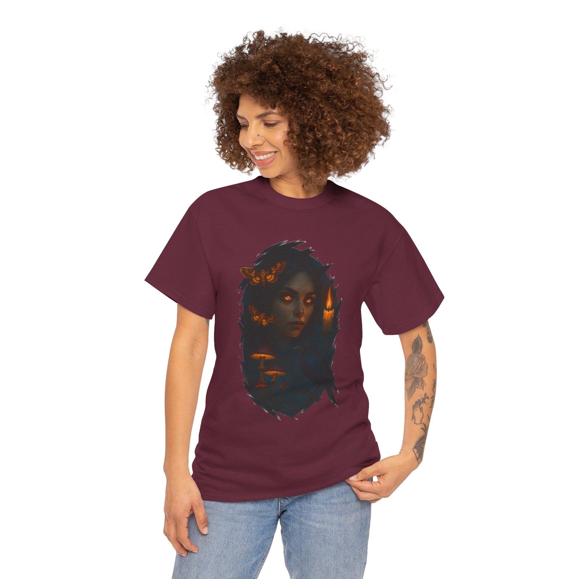 Mystical Night Unisex Heavy Cotton Tee, Witchy Shirt, Halloween Apparel, Fantasy Tee, Gift for Her, Art Graphic Tee