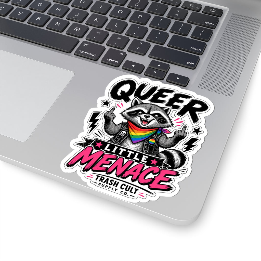 Queer Little Menace Sticker — Rainbow Raccoon Kiss-Cut Decal for Laptops & Pride