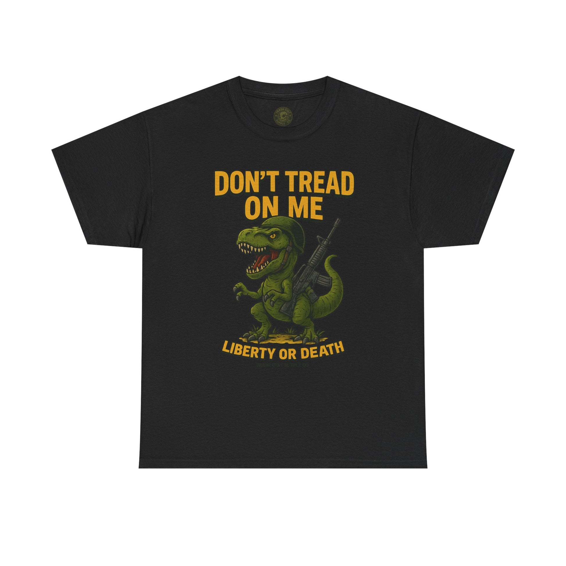 Don’t Tread On Me T-Rex T-Shirt – Liberty or Death Graphic | Trash Cult Supply Co. | Gildan 5000 Heavy Cotton