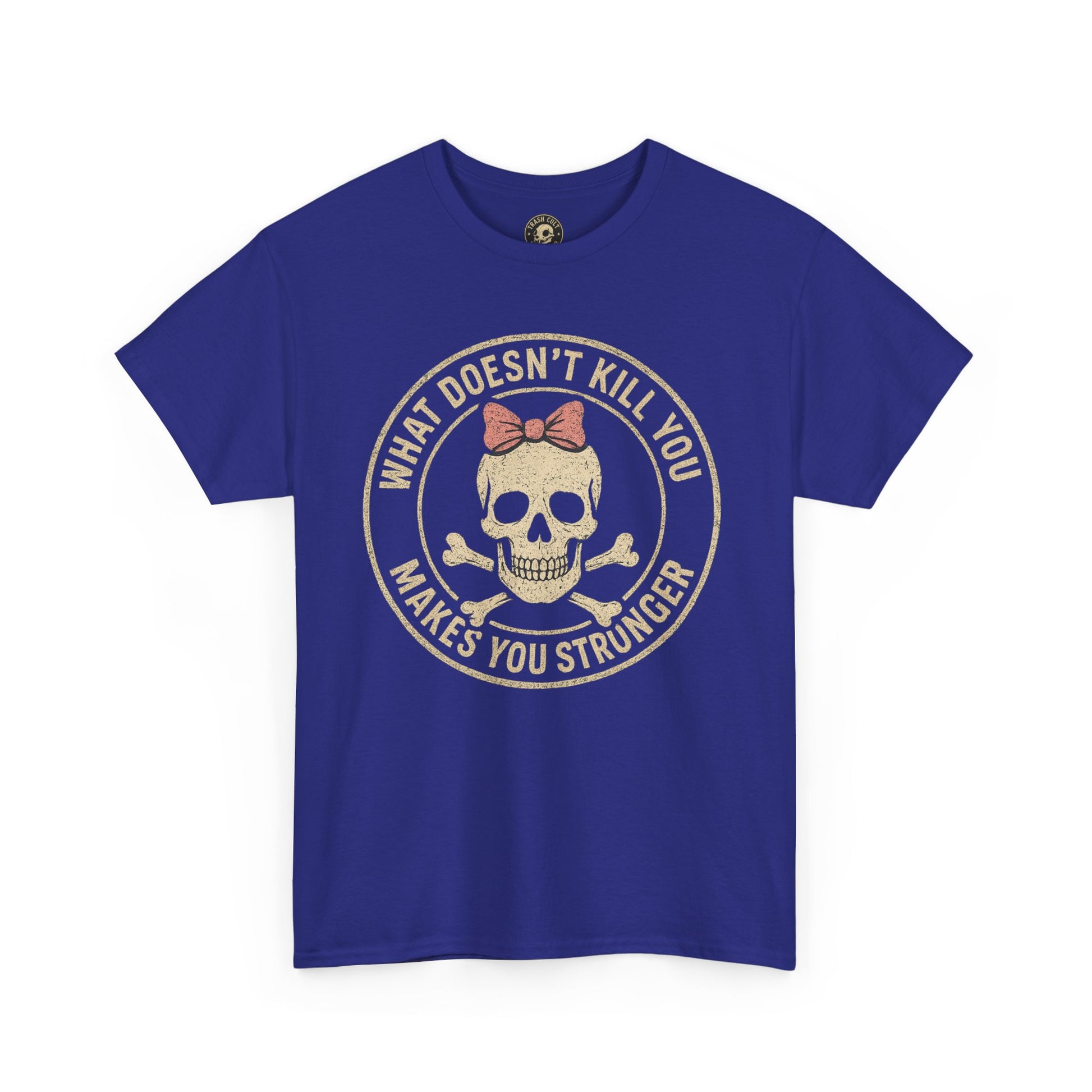 “What Doesn’t Kill You Makes You Stronger” Skull & Bow T-Shirt – Vintage Grunge Graphic | Gildan 5000
