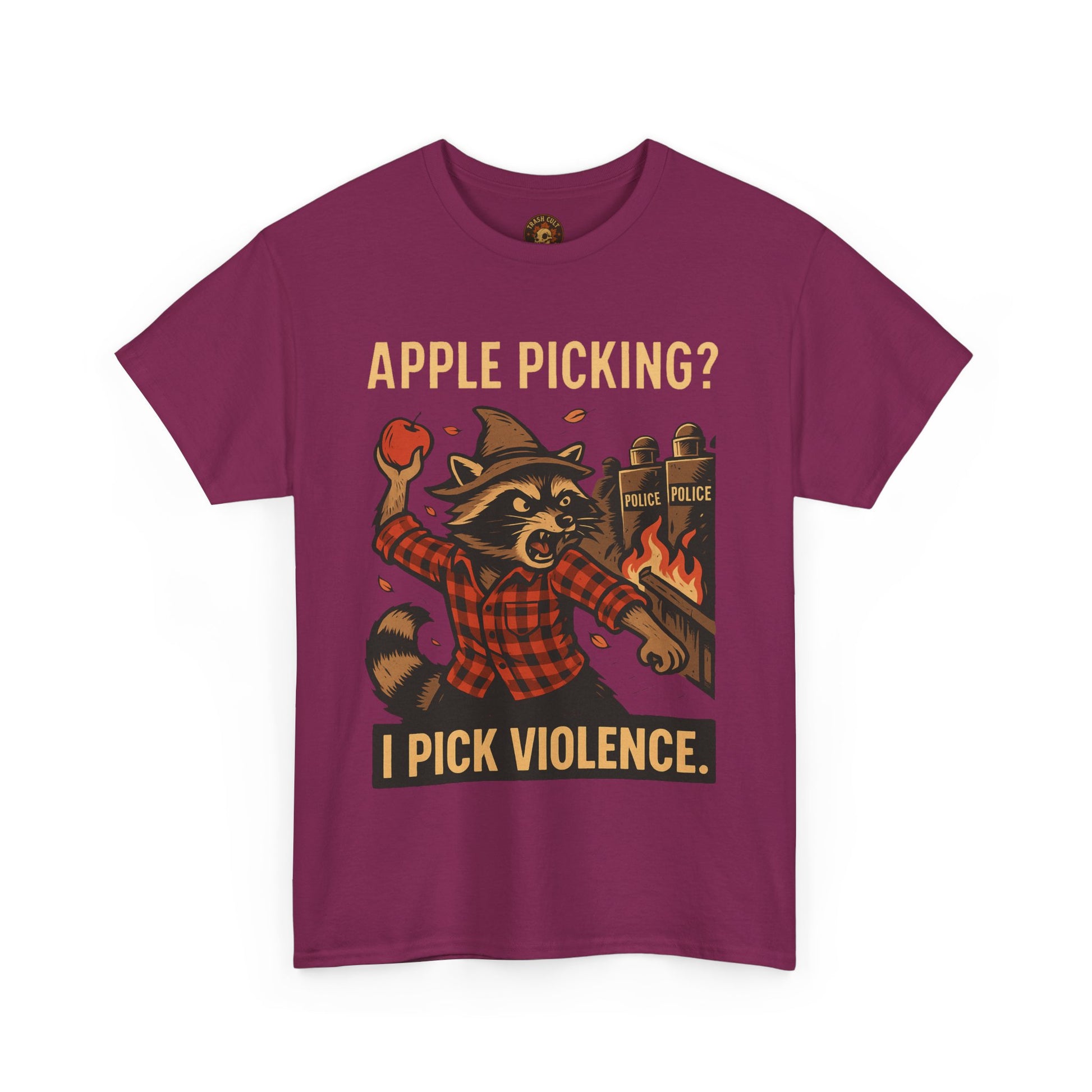 Apple Picking? I Pick Violence Shirt – Angry Raccoon Riot Tee – Fall of Humanity Collection – Trash Cult Supply Co.