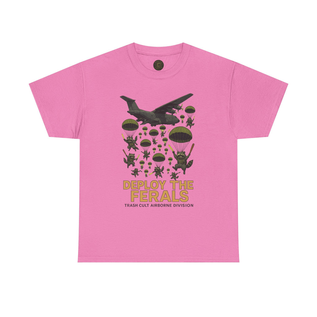 Deploy the Ferals T-Shirt – Airborne Raccoon Drop Graphic | Trash Cult Supply Co. | Gildan 5000 Heavy Cotton Tee