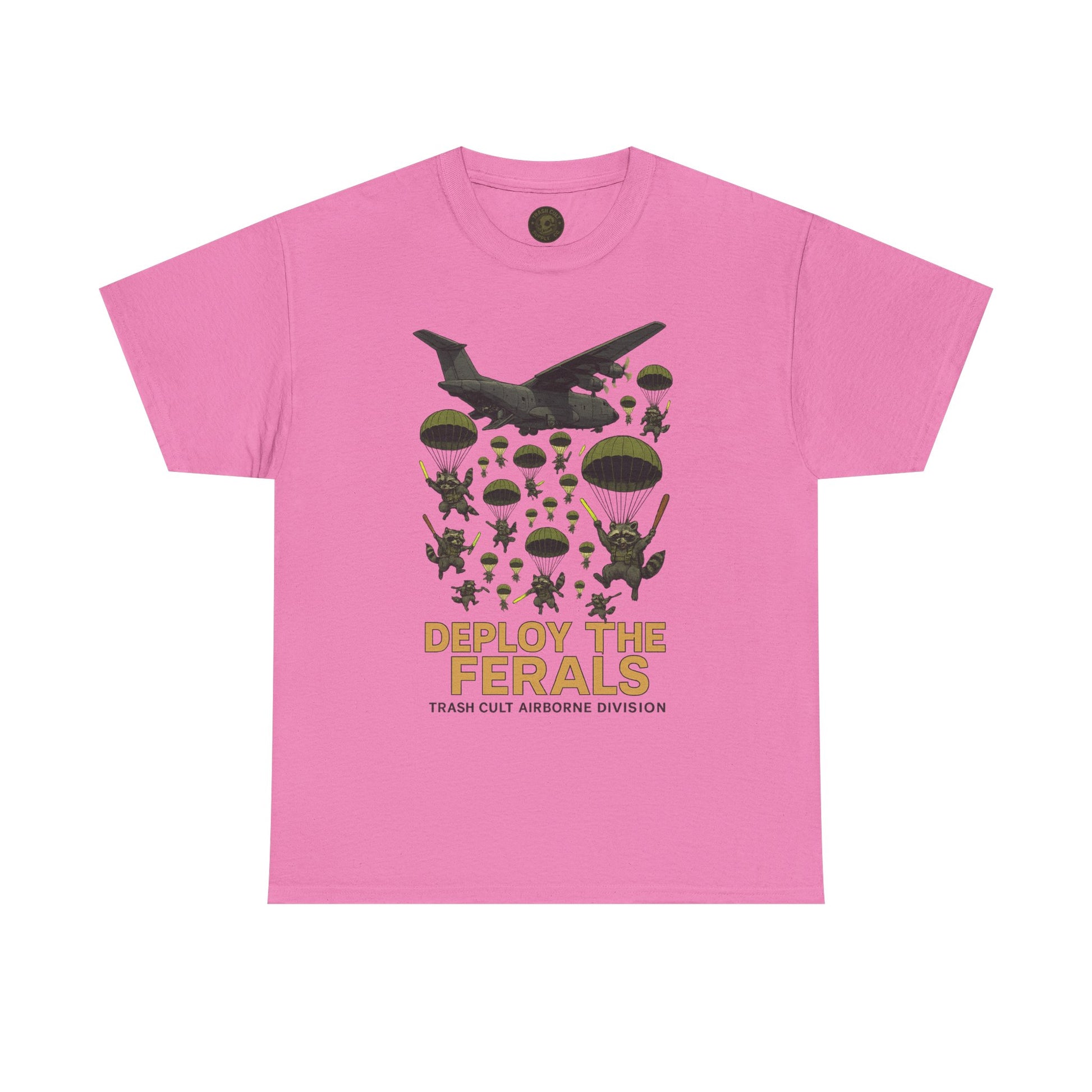 Deploy the Ferals T-Shirt – Airborne Raccoon Drop Graphic | Trash Cult Supply Co. | Gildan 5000 Heavy Cotton Tee