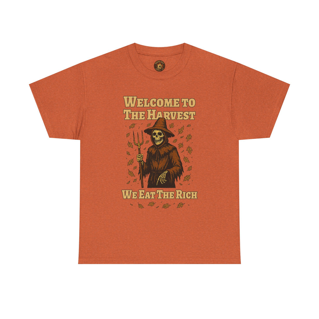 Eat the Rich Shirt – Welcome to the Harvest Skeleton Scarecrow Tee – Fall of Humanity Collection – Trash Cult Supply Co.