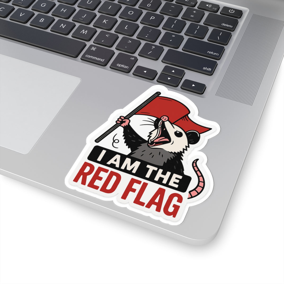 Playful Red Flag Opossum Sticker - Cute Decal for Laptops, Water Bottles, Journals, Gift for Friends, Funny Humor Art