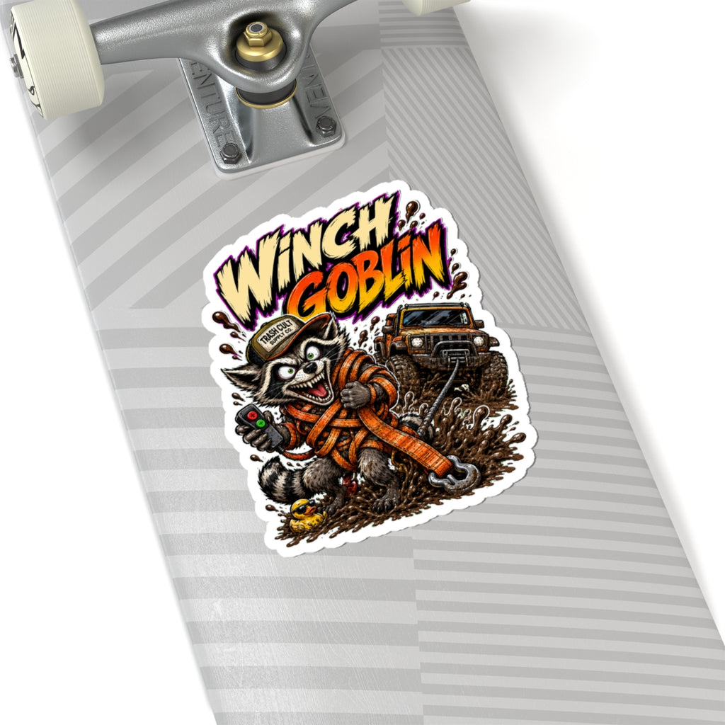 Winch Goblin Sticker — Off‑Road Raccoon Winching Decal