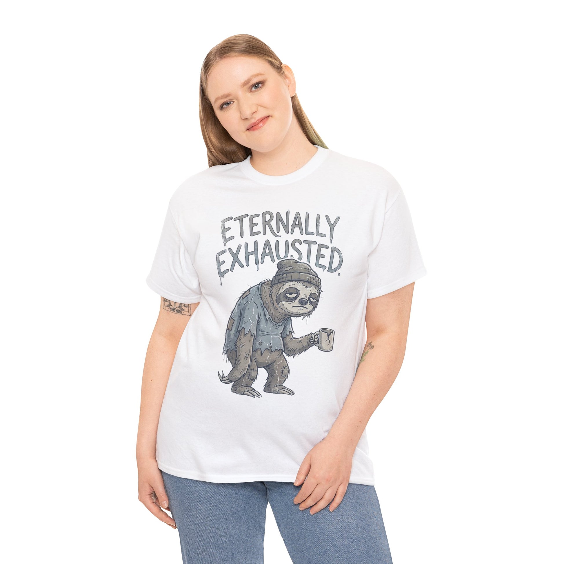 T-Shirt — 'Eternally Exhausted' Sloth Graphic Tee (Funny Coffee Lover Gift)