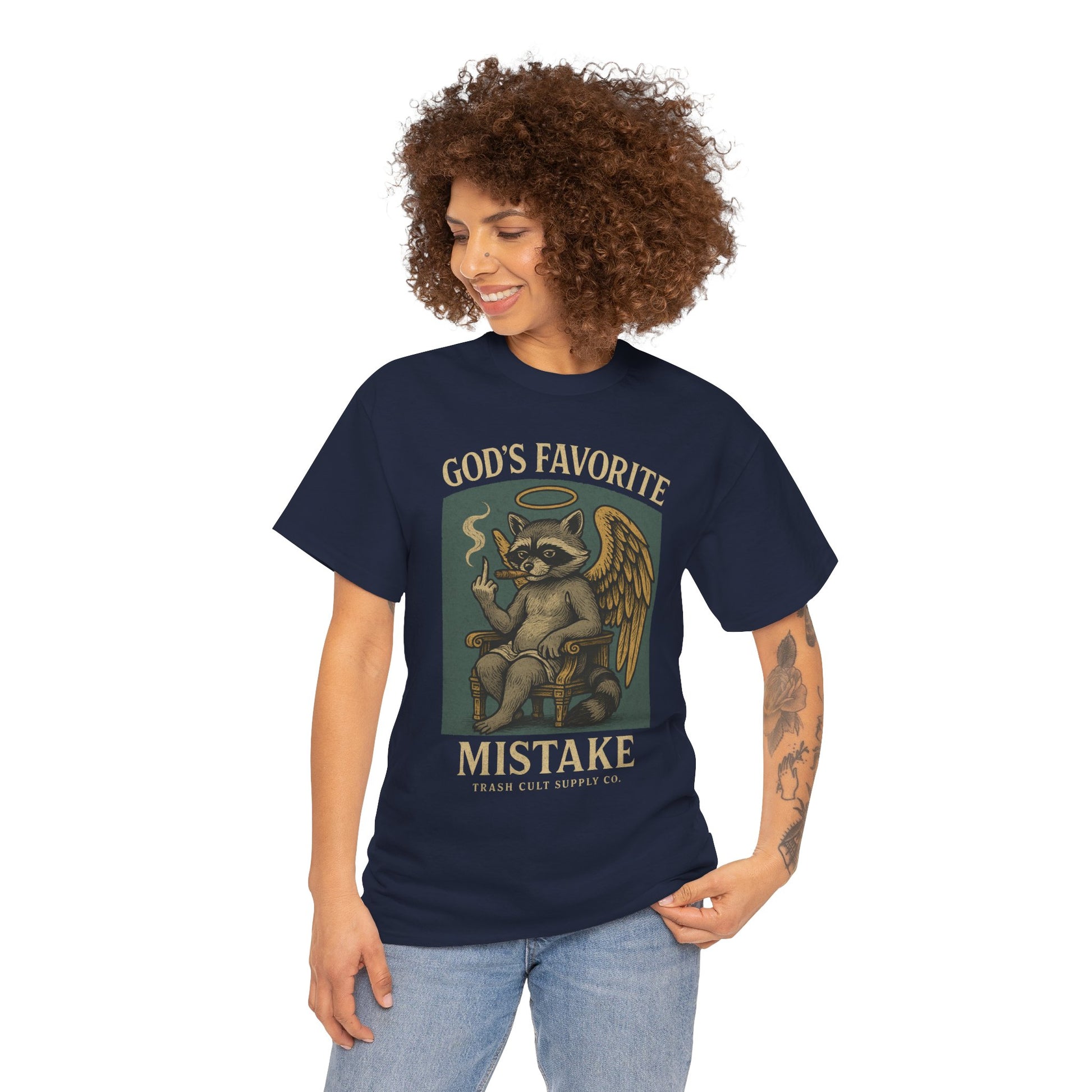 God’s Favorite Mistake Shirt – Raccoon Angel Flipping the Bird by Trash Cult Supply Co.