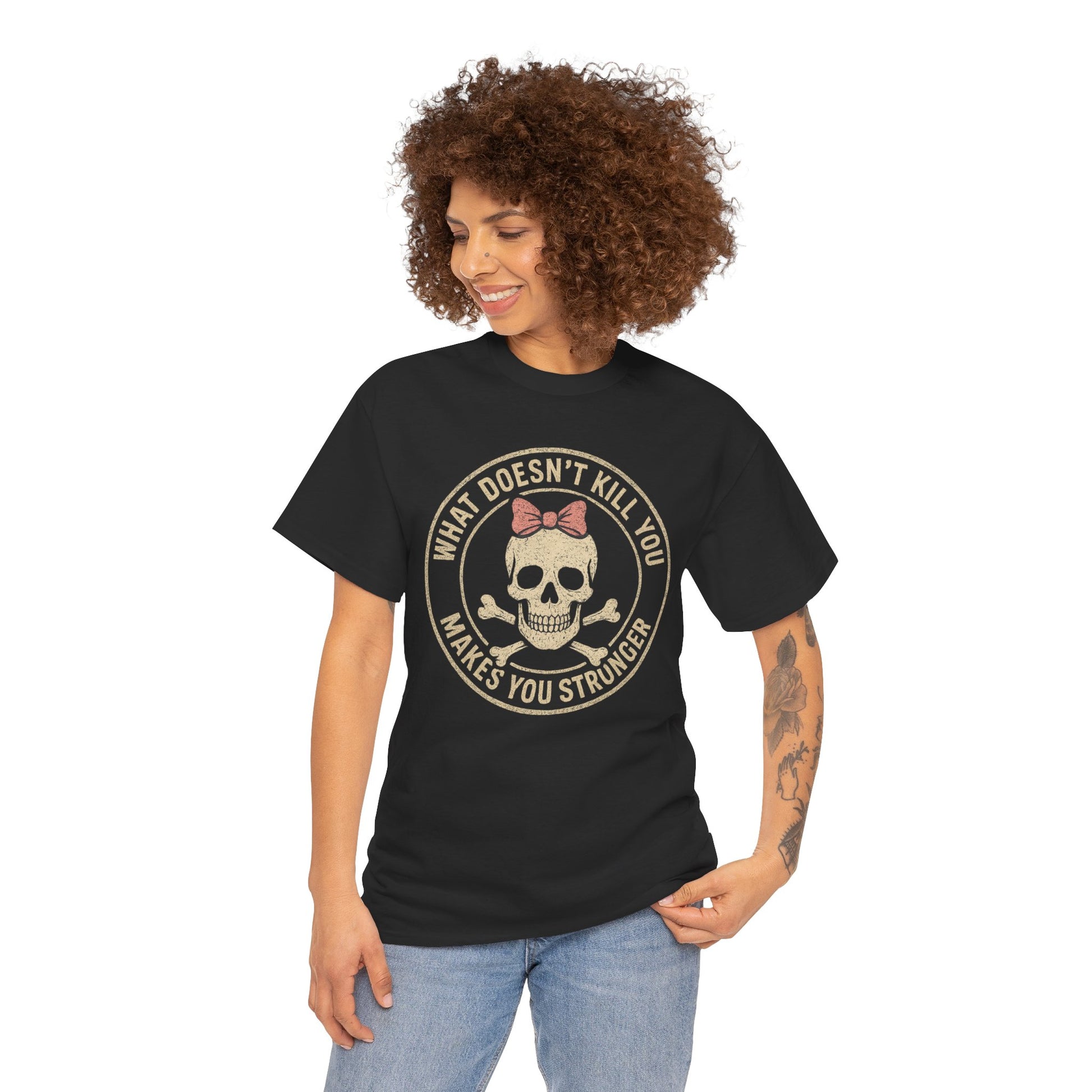 “What Doesn’t Kill You Makes You Stronger” Skull & Bow T-Shirt – Vintage Grunge Graphic | Gildan 5000