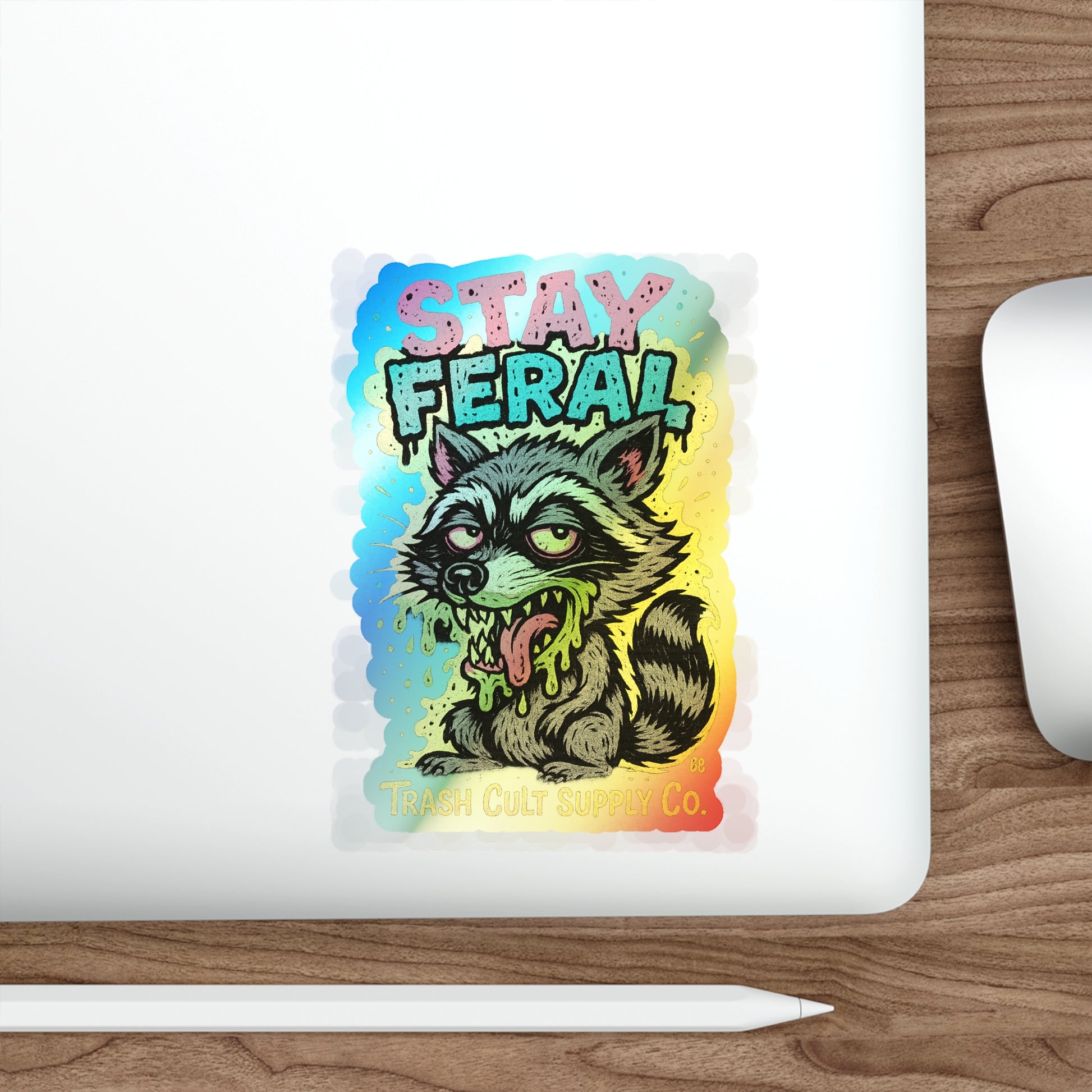 Holographic Die-Cut Stickers - Stay Feral, Fun Decor, Skateboard Accessories, Cool Vibe, Gift for Animal Lovers, Distinctive Art