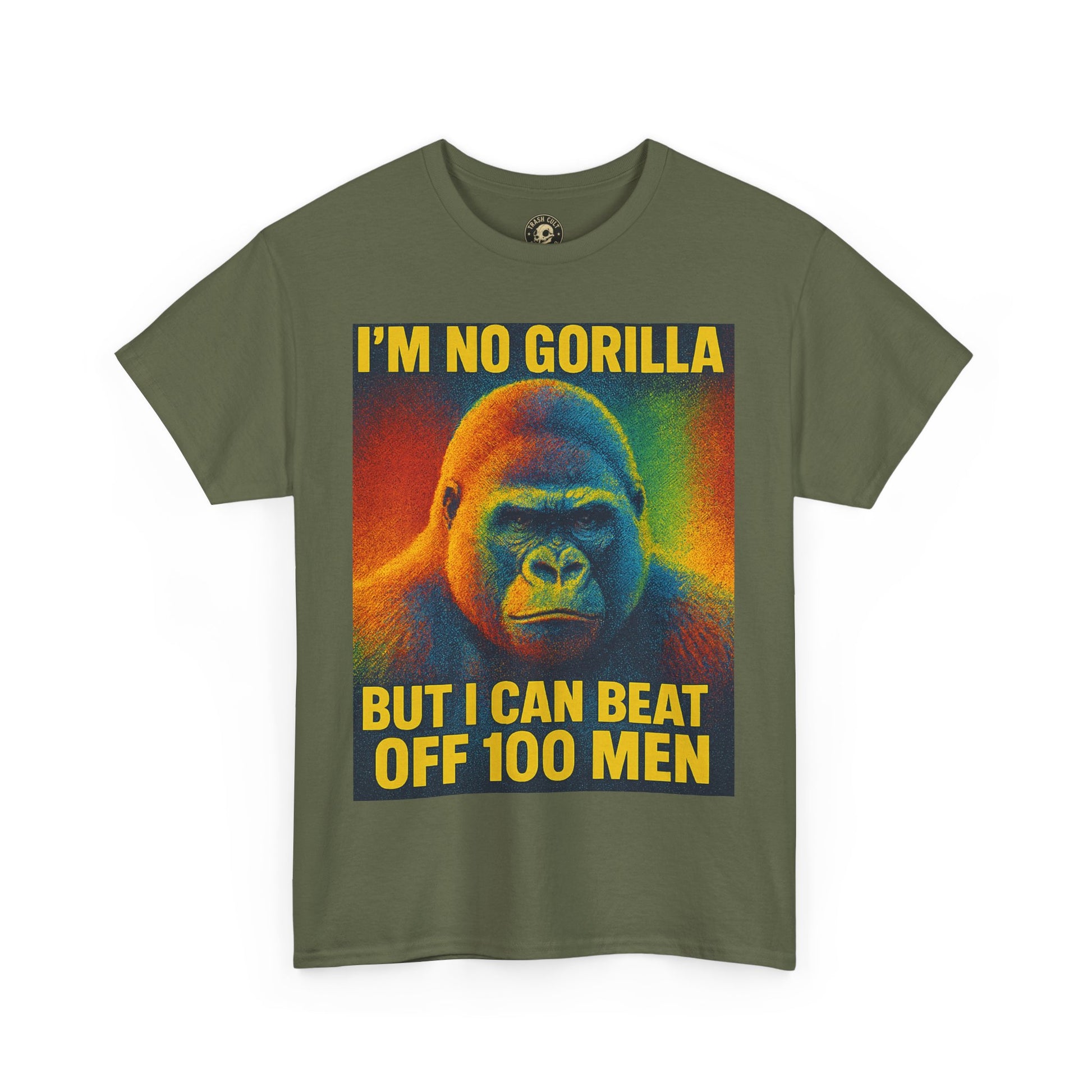 I’m No Gorilla But I Can Beat Off 100 Men Shirt – Multicolor Halftone Gorilla Tee on Gildan 5000