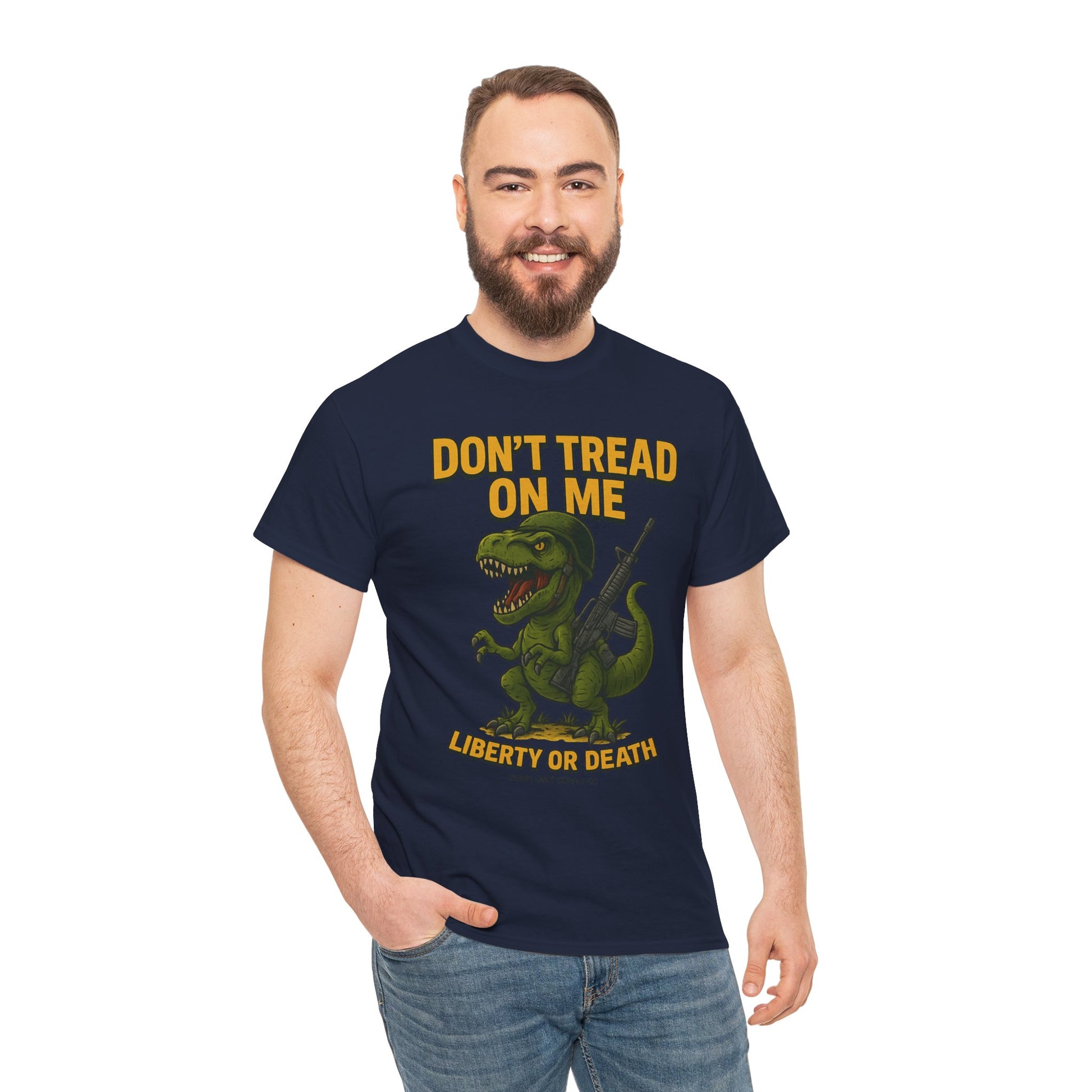 Don’t Tread On Me T-Rex T-Shirt – Liberty or Death Graphic | Trash Cult Supply Co. | Gildan 5000 Heavy Cotton