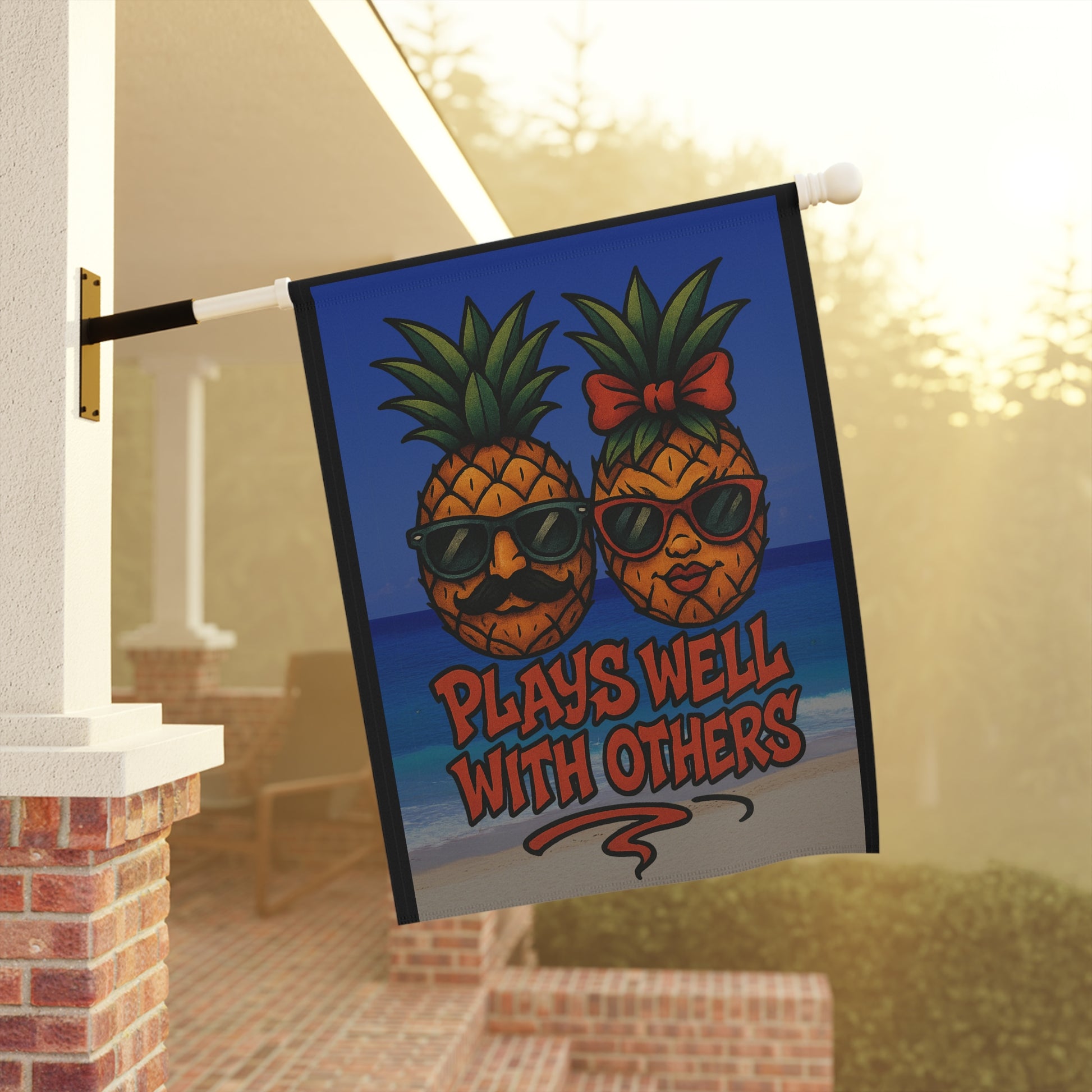 Funny Upside Down Pineapple Garden Flag – “Plays Well With Others” Tropical Banner – New School Tattoo Style