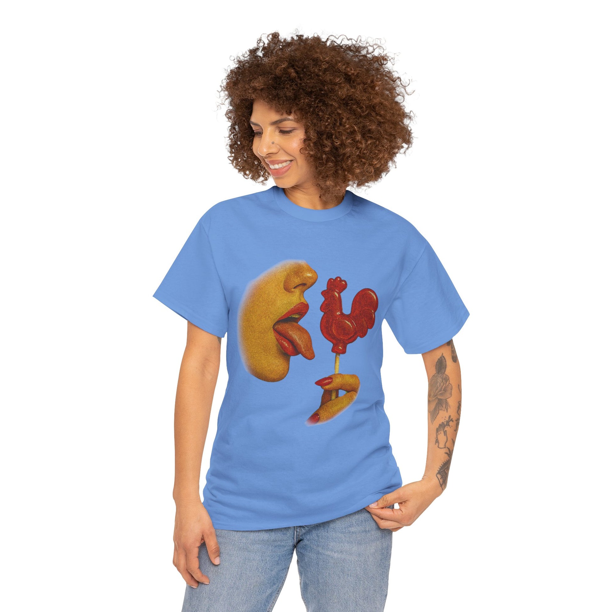 Bold Retro Halftone Tease – Red Rooster Lollipop Graphic Tee