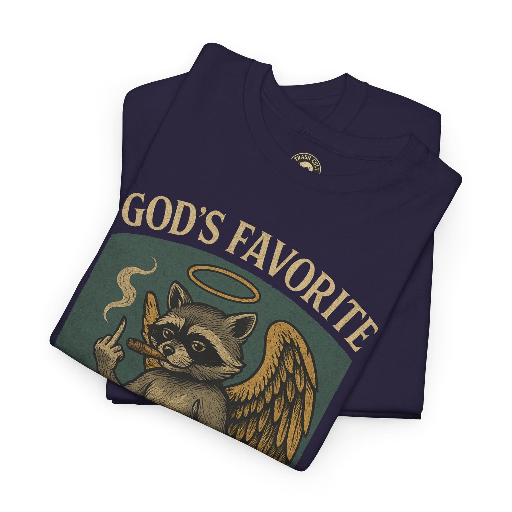 God’s Favorite Mistake Shirt – Raccoon Angel Flipping the Bird by Trash Cult Supply Co.