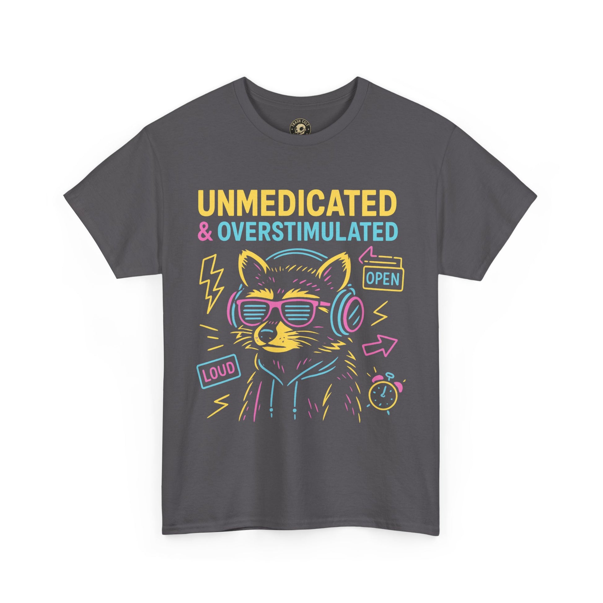 Unmedicated & Overstimulated Neon Raccoon ADHD Shirt – Trash Cult Supply Co. – Gildan 5000