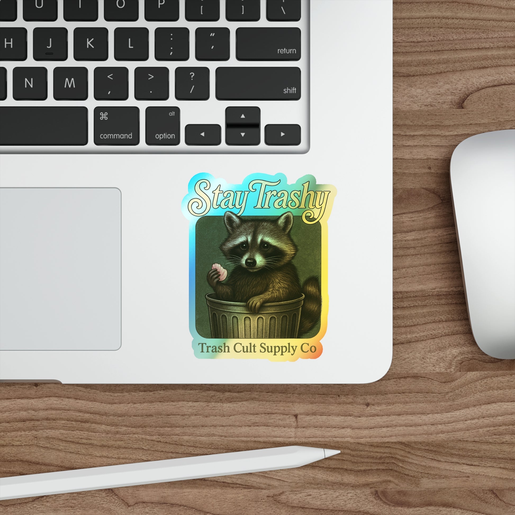 Whimsical Holographic Die-cut Stickers for Fun Lovers, Stay Trashy Raccoon, Skateboard Decals, Unique Gifts, Party Favors, Kid's Crafts
