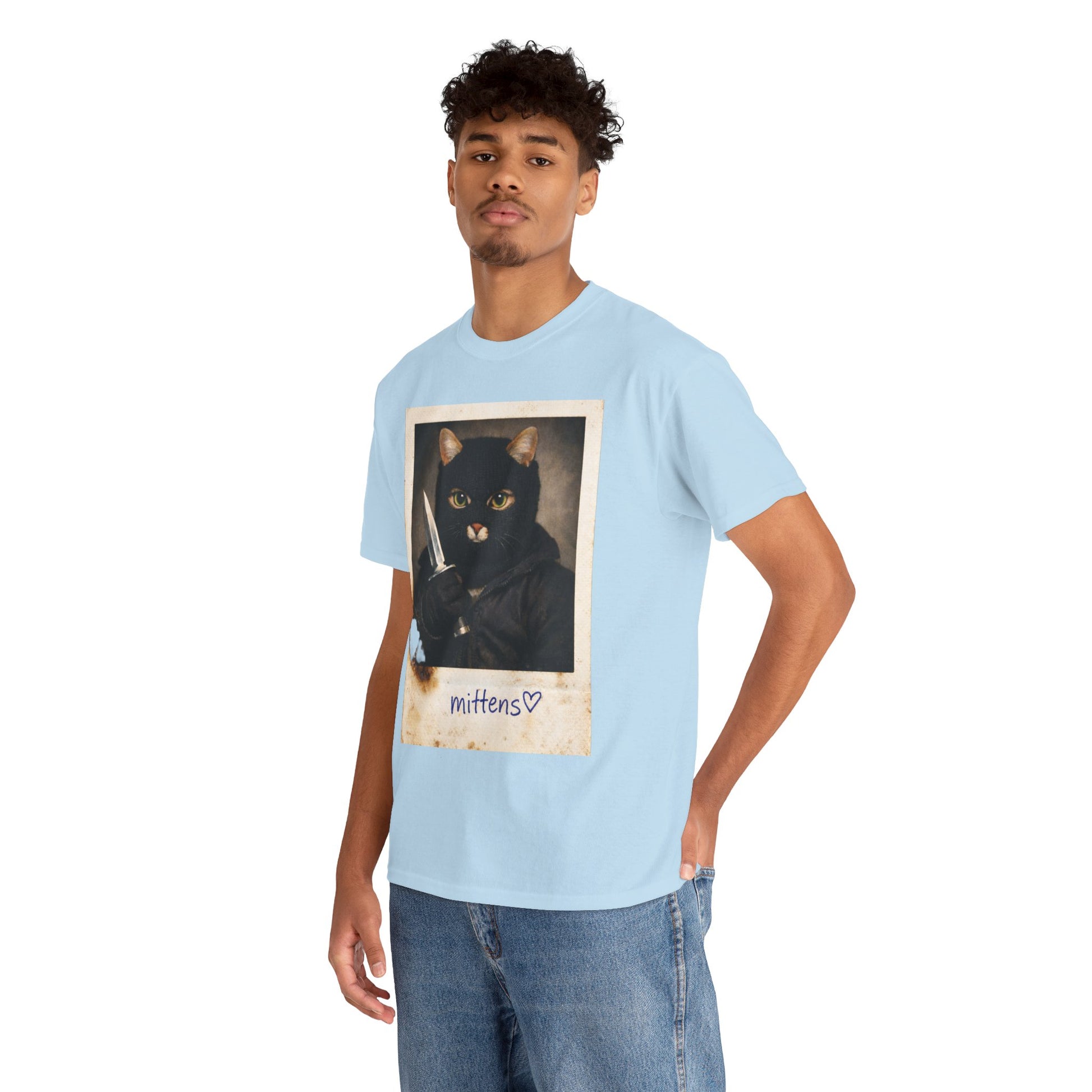 Cat With Knife Tee — "Mittens" Dark Humor Vintage Polaroid Graphic T-Shirt
