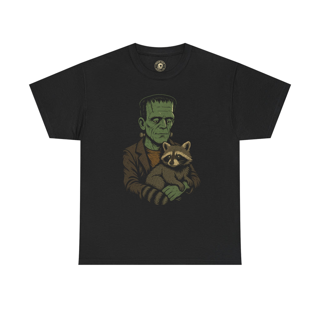 Frankenstein with Pet Raccoon T-Shirt – Funny Monster Graphic Tee