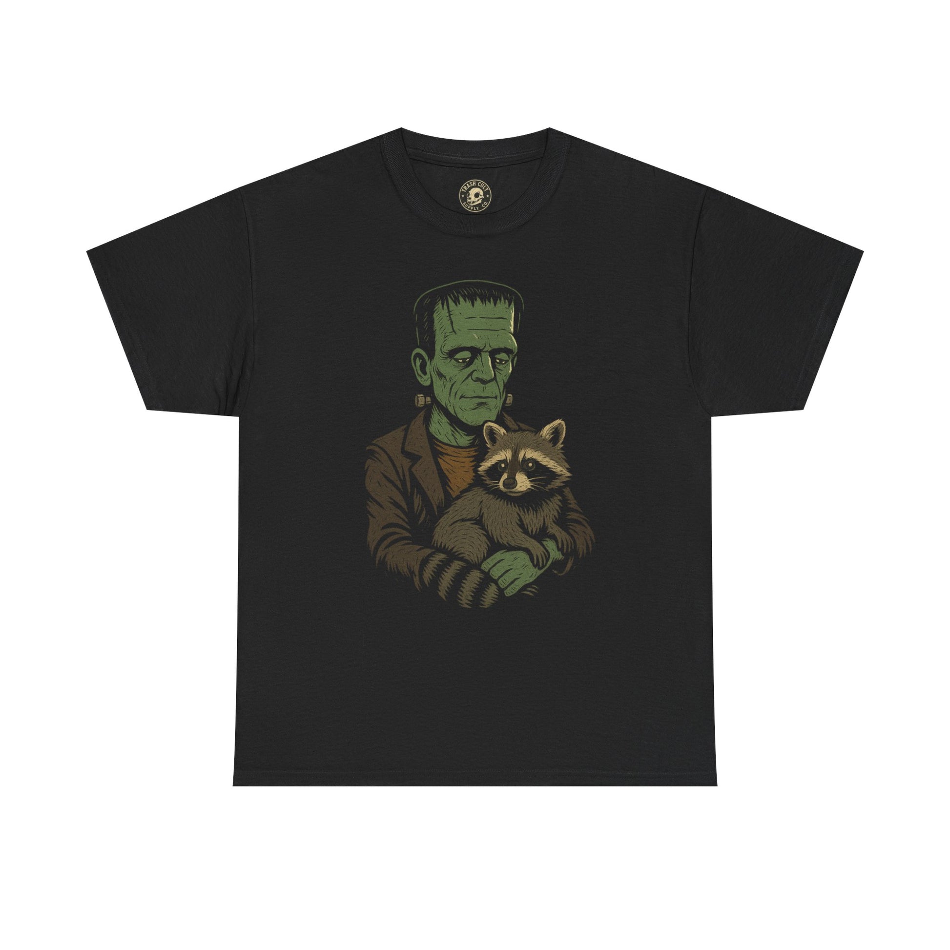 Frankenstein with Pet Raccoon T-Shirt – Funny Monster Graphic Tee