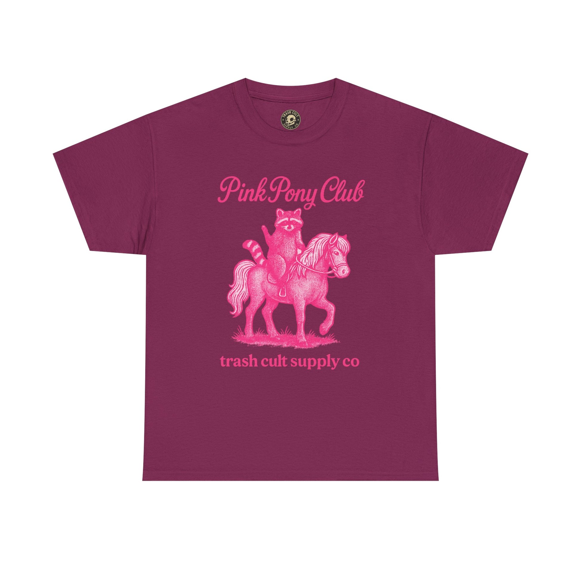Pink Pony Club Raccoon Riding Pony Shirt – Vintage Hot Pink Halftone Tee by Trash Cult Supply Co