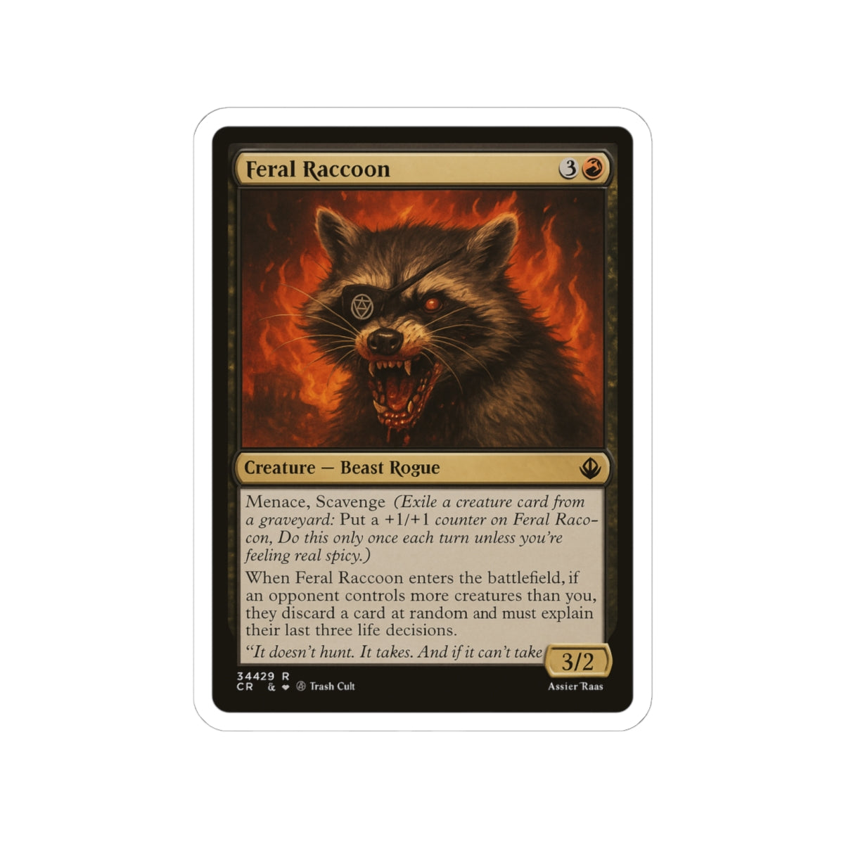 Feral Raccoon Magic Card Sticker – Funny MTG-Inspired Kiss Cut Sticker, Trash Cult Creature Card, Chaotic Beast Rogue