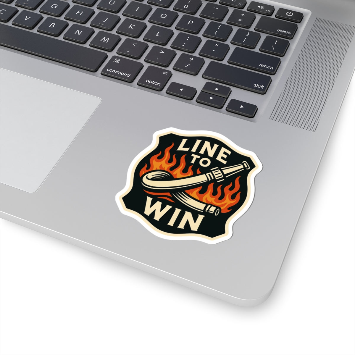 Line to Win – Bold Firefighter Sticker – Kiss-Cut Glossy Vinyl Decal with Fire Hose and Flame Design