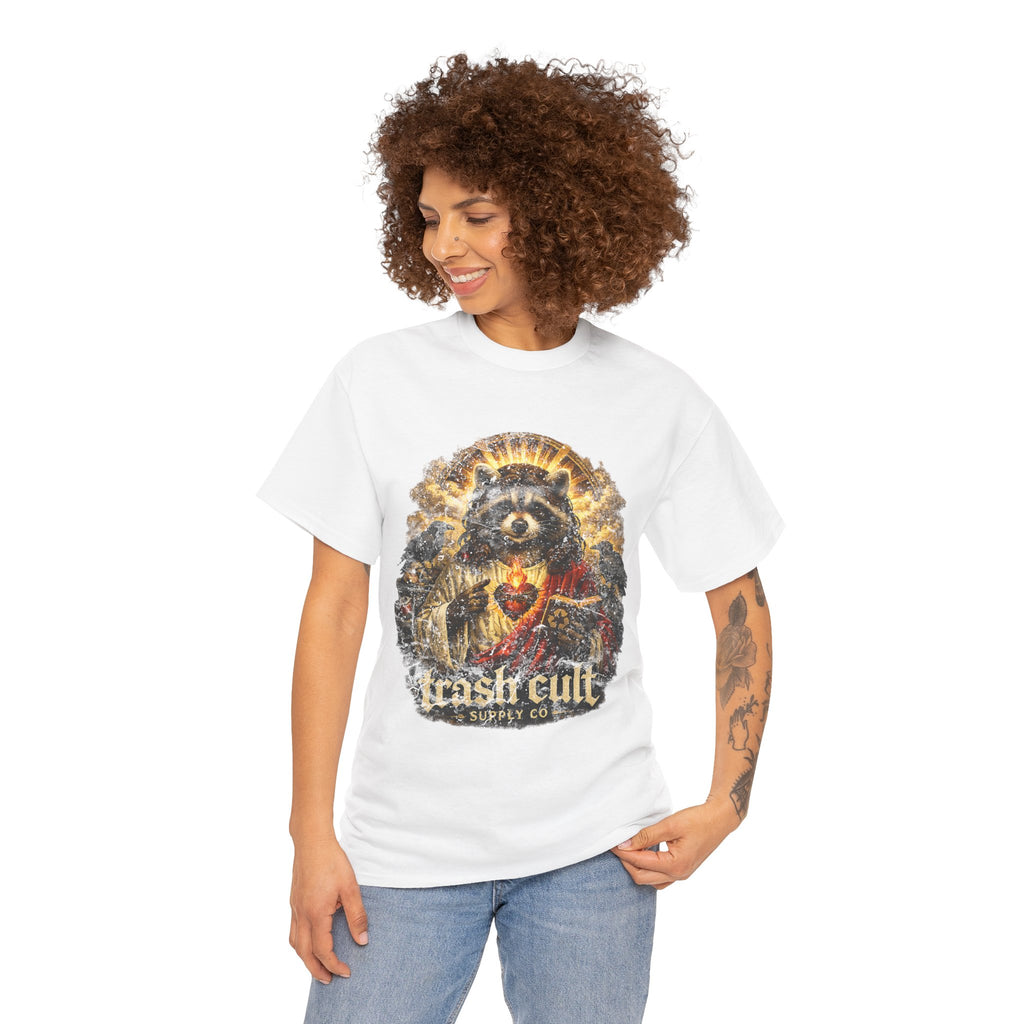 Raccoon Saint Graphic Tee — “Trash Cult” Vintage Devotional Design