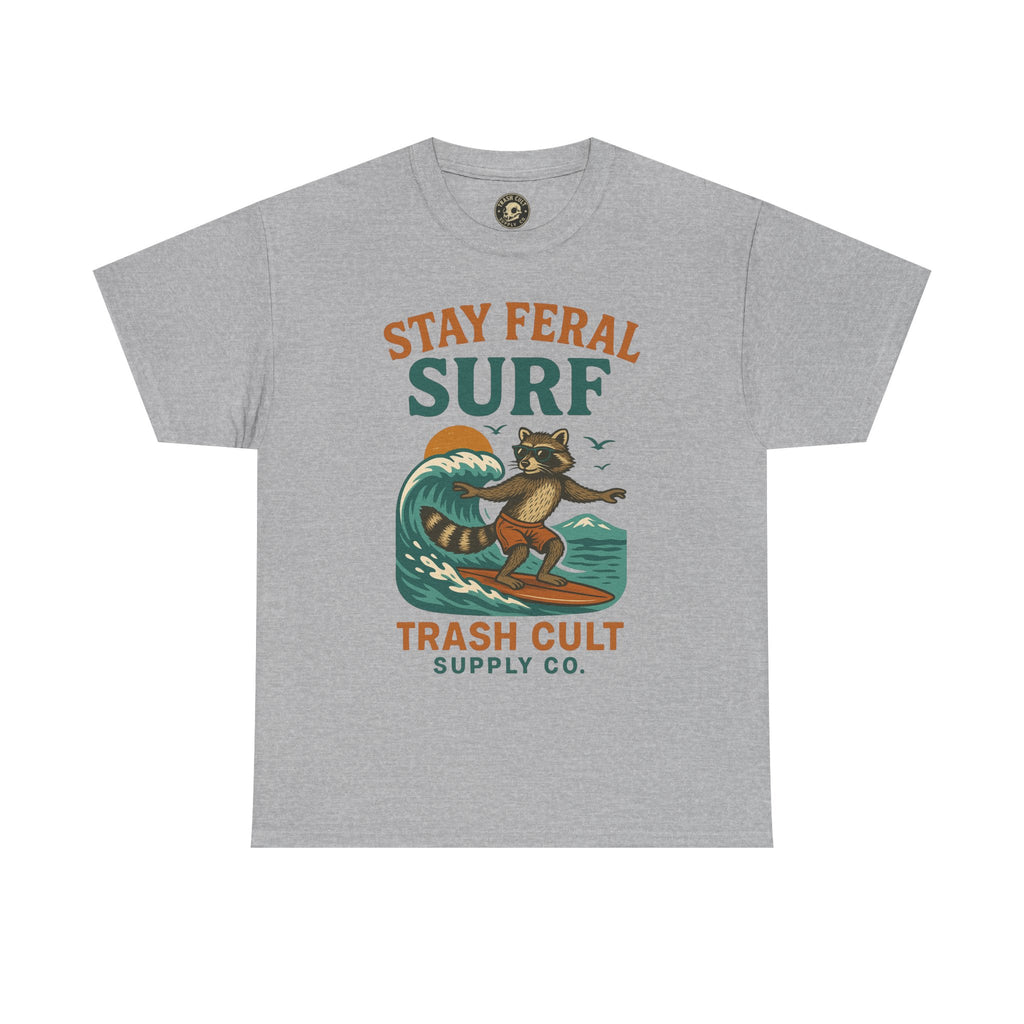 Stay Feral Surf Shirt – Retro Raccoon Beach Tee – Trash Cult Supply Co – Gildan 5000