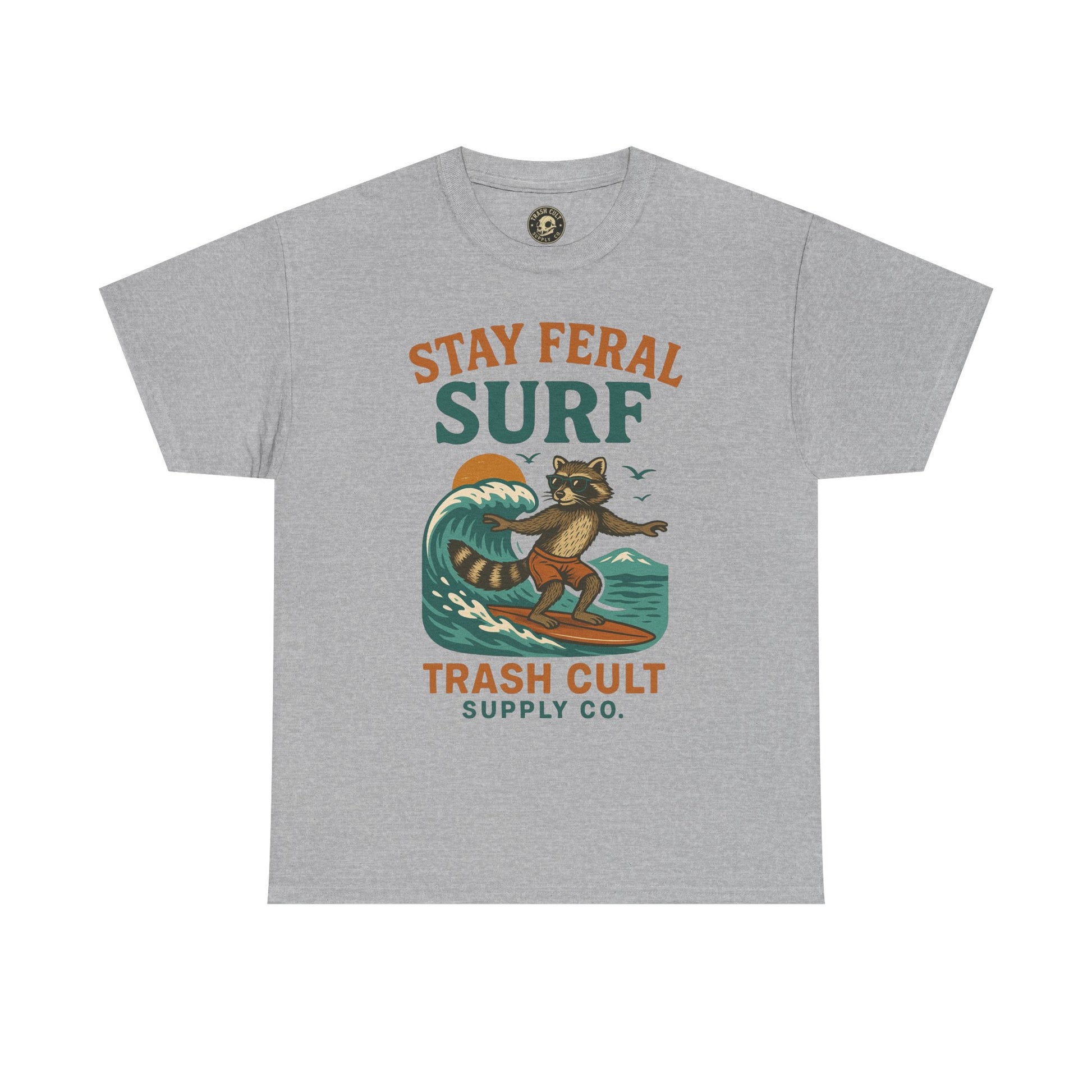 Stay Feral Surf Shirt – Retro Raccoon Beach Tee – Trash Cult Supply Co – Gildan 5000