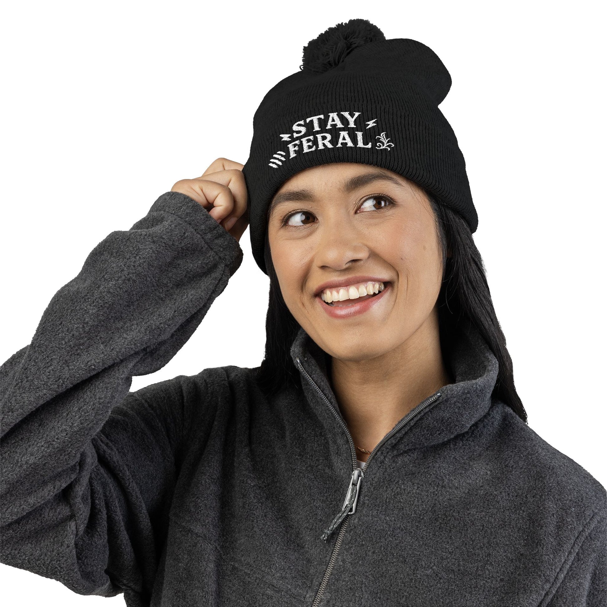 Stay Feral Pom-Pom Knit Cap, Cozy Winter Beanie, Embroidered Hats for Adventurers, Gift for Outdoorsy Friends, Stylish Cold Weather [...]