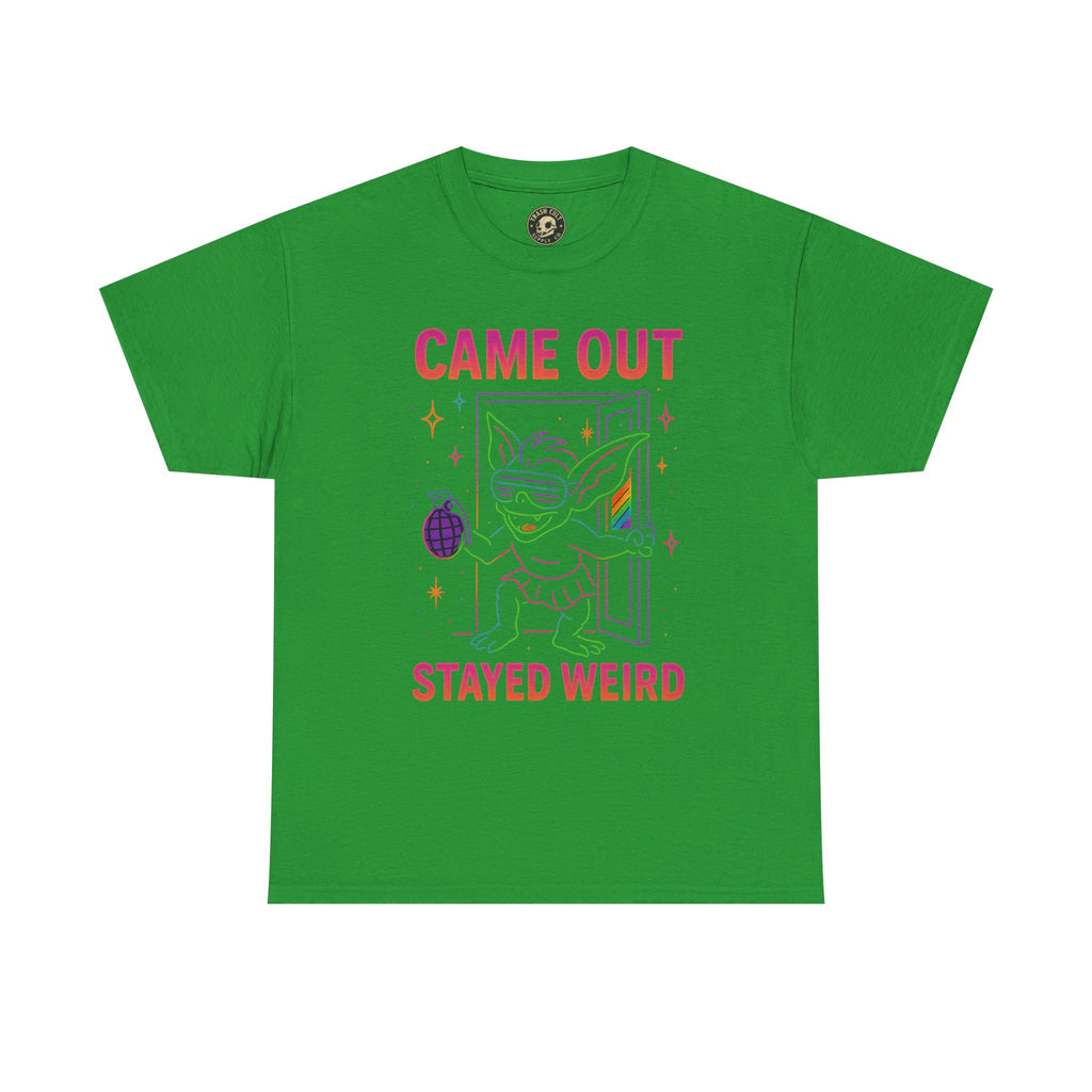 Came Out, Stayed Weird – Neon Gremlin Pride T-Shirt | Gildan Unisex Heavy Cotton Tee | LGBTQ+ Graphic Shirt